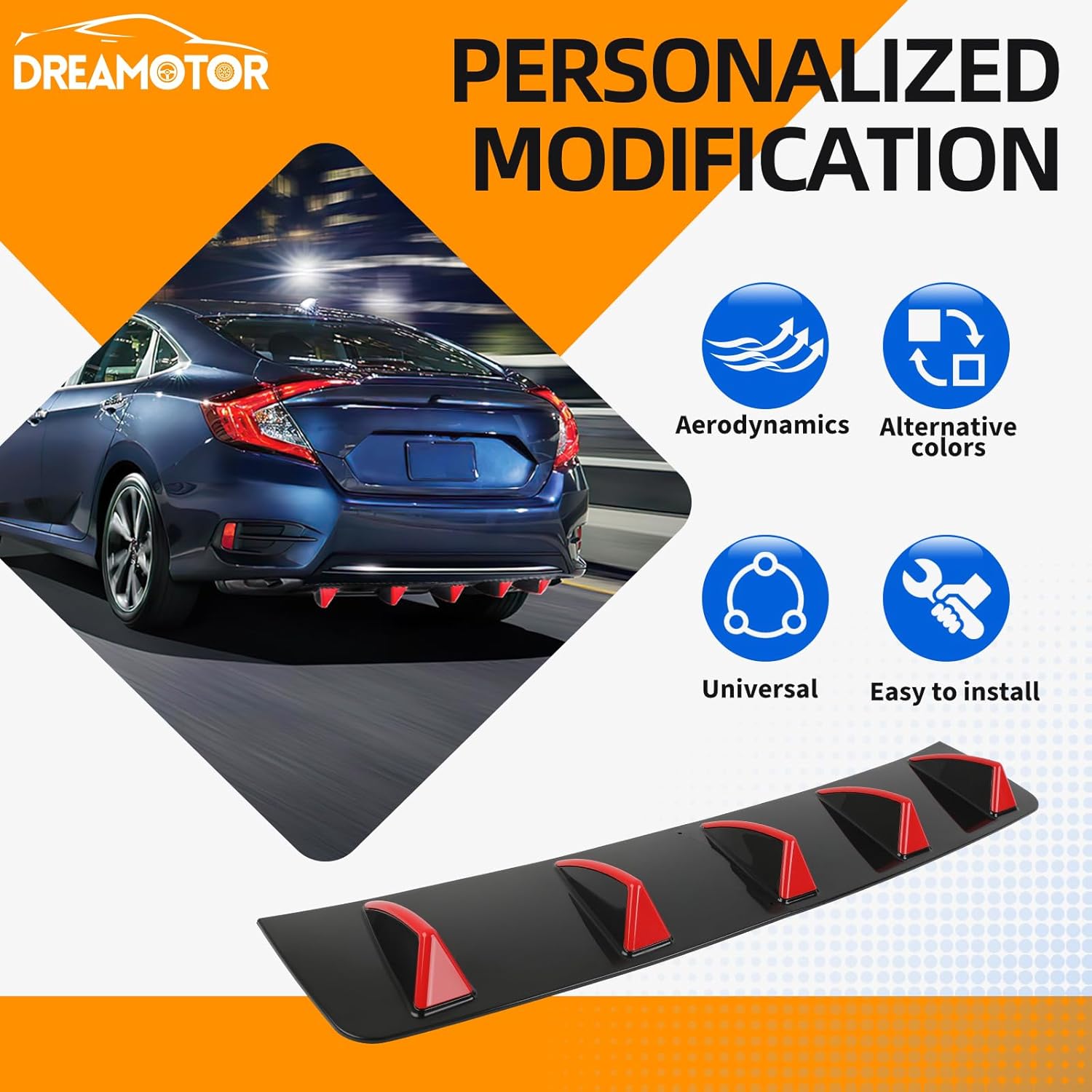 31.5" Universal Rear Diffuser, 3 Colors-Upgraded Detachable Shark Fins Rear Bumper Diffuser Lip Compatible with Honda Civic Accord VW Lexus Dodge Charger Toyota Corolla Nissan Altima Audi