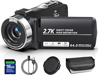 2.7K 64MP Video Camera Camcorder IR Night Vision YouTube Vlogging Camera Webcam 16X Digital Zoom 270° Rotation Screen with 16G SD Card,Battery