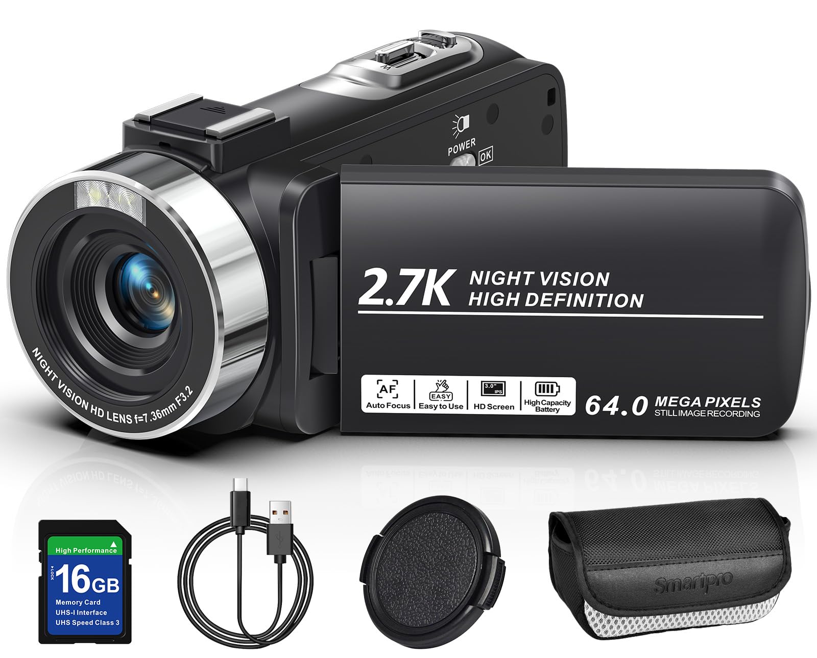 Cámara de video de 2.7 K 64 MP, videocámara, visión nocturna, YouTube, cámara web, zoom digital de 16X, pantalla de rotación de 270° con tarjeta SD de 16 G, batería