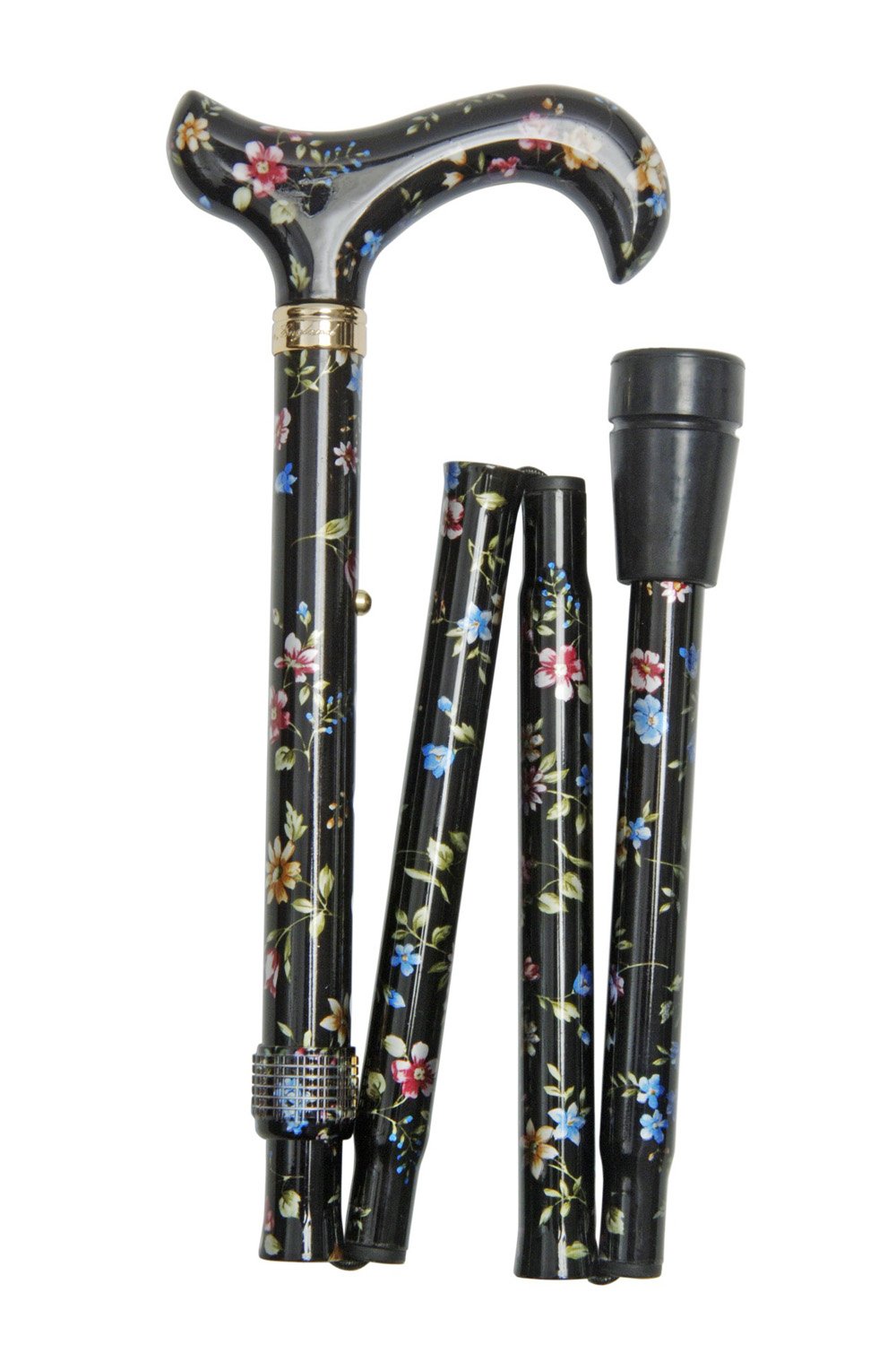 Designer Gehstock Gehhilfe schlanker Elite Derby Faltstock schwarz mit bunten Blüten aus traditioneller Stockmanufaktur