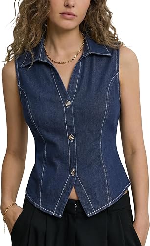 LYANER Women's Denim Vest Sleeveless Collared V Neck Button Down Casual Summer J