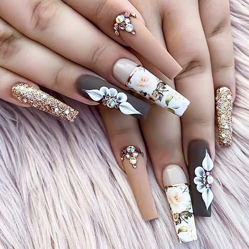 24 uñas postizas largas a presión de ataúd, color marrón, cobertura completa con diseño de patrón de flores, uñas postizas acrílicas brillantes para