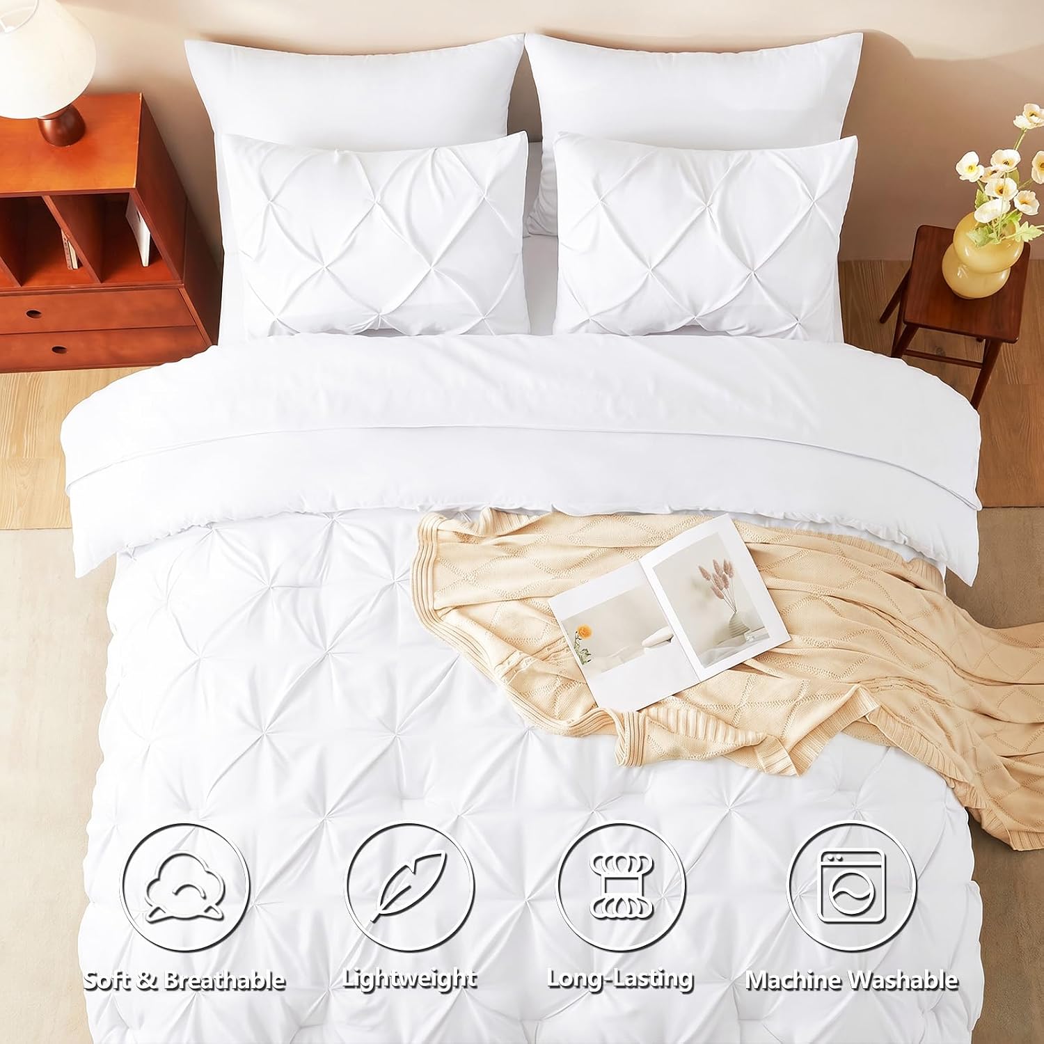 Twin Comforter Set White, 5 Pieces Pintuck Bed in a Bag | College Dorm Essentials, OEKO-TEX 100 Certified, 240GSM All Season, Down-Alternative Comforter, Sheets, Pillowcase & Sham thumbnail