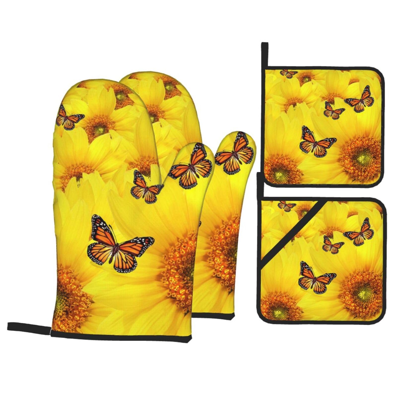 Yellow Flowers Butterflies Print Stylish Heat-Resistant Oven 4-Piece Set Kitchen Gloves Roasting Daily Cooking