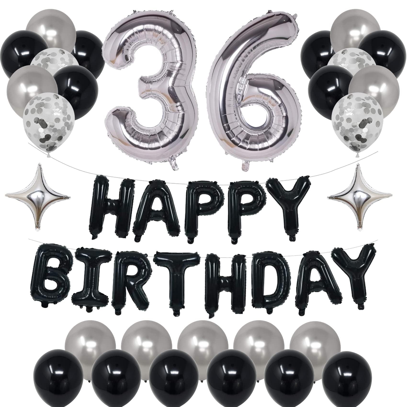 NANINUNENO 36th Black Silver Birthday Party Decorations for Men Women, Happy 36 Birthday Party Supplies with Black Happy Birthday Banner, Silver Foil