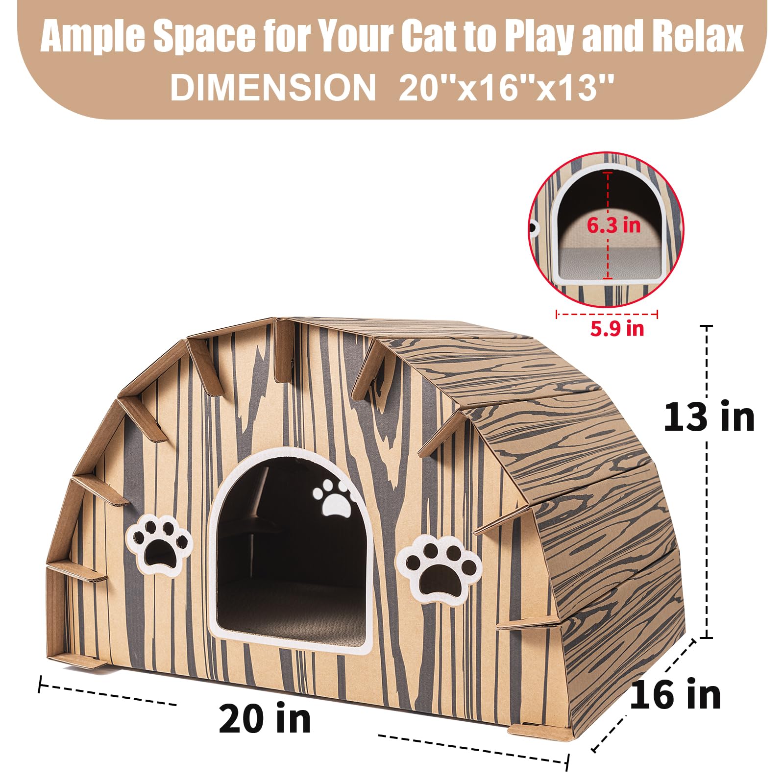 MIMIMOMO Cardboard Cat House (20''x16''x13'') with Built-in Scratchers, Forest Lodge Design