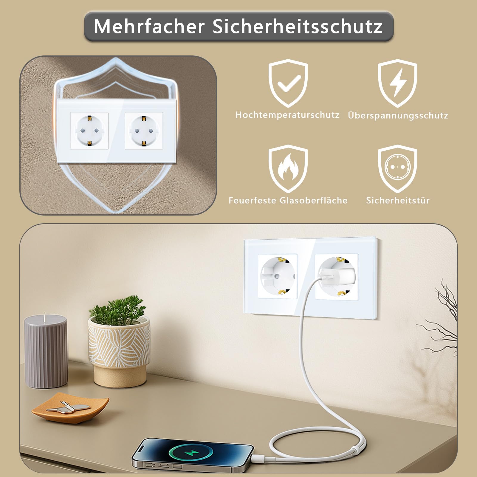 TAWOIA Enchufe Schuko, estándar de la UE de 2 enchufes, de cristal, empotrable, con placa de cristal, doble pared, color blanco, 86 x 157 mm, paquete de 6 unidades