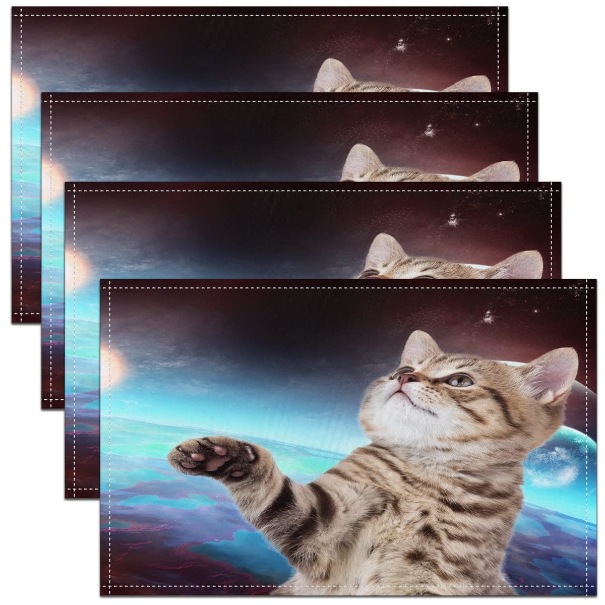 Cat Placemats Set of 4 45X30cm Cute Kitten Table Mats Galaxy Decor Space Outer Sky Cat Lover's Gift for Dining Table Indoor Outdoor Kitchen