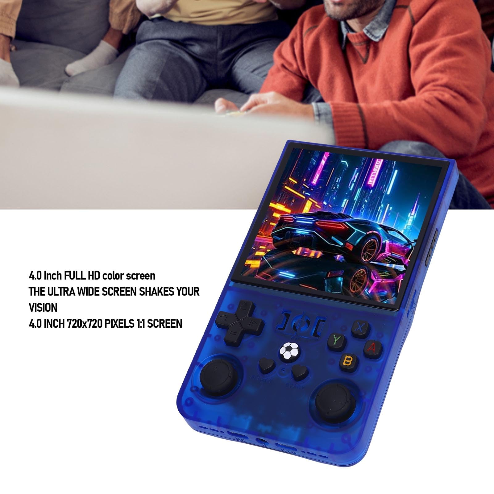 Annadue Przenośna Retro Przenośna Konsola do Gier, Podwójne Joysticks, Rozległe Biblioteka Gier, Elektroniczny Gracz Gier, 720x720 4 -calowy Ekran, 4000 MAh, Przezroczysty Niebieski (64G)