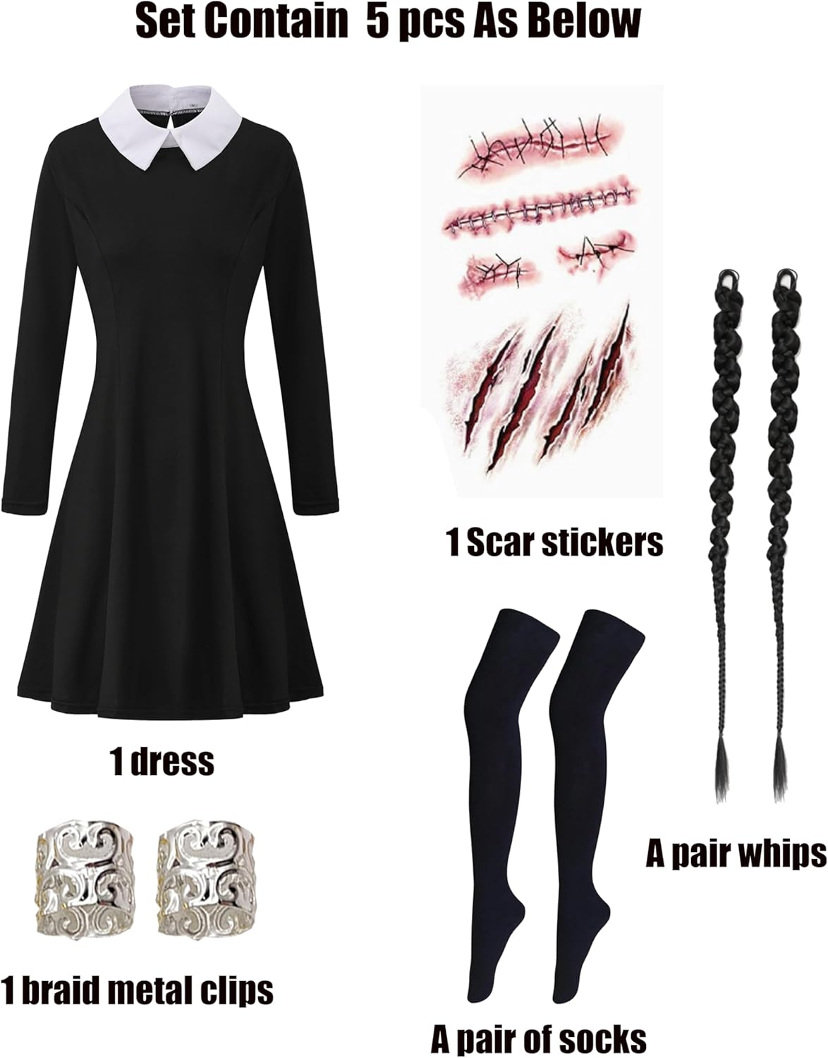 Gothic Girl Women Movie Inspired Adult Halloween Black Costume Dress Full Set - Image 2