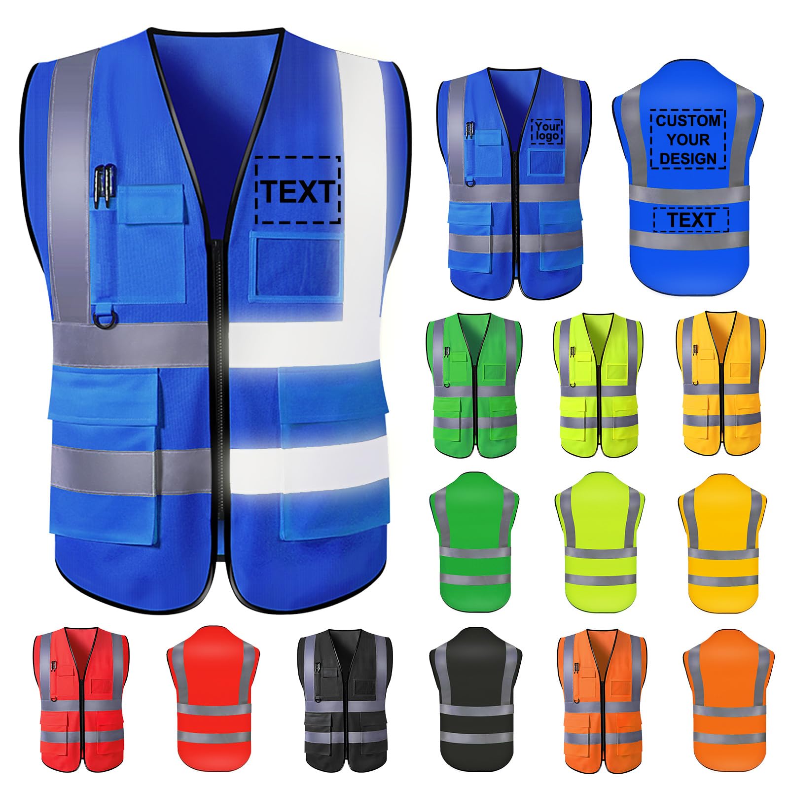 Custom Safety Vest for Men with Logo High Visibility Security Workwear 5 Pockets Zipper Vests with Reflective Strip (Blue, XXL)