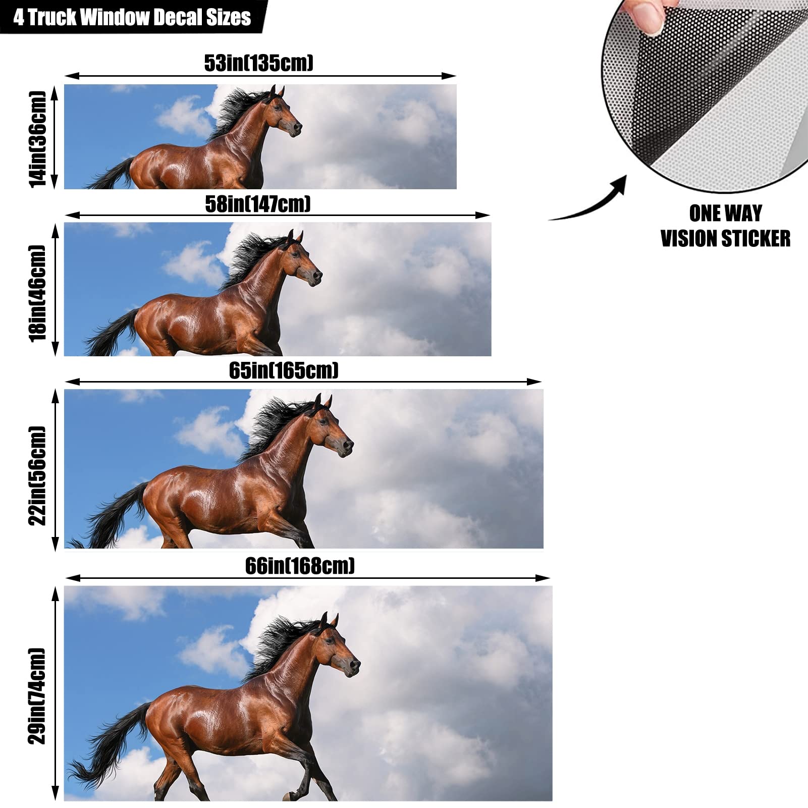 Adesivo per finestrino posteriore per auto con cavallo di destriero, decalcomania perforata, per camion, finestra, SUV, furgone, pickup, adesivi per finestrini posteriori, A, 147,3 x 45,7 cm