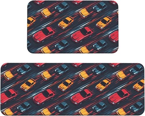 Antifatigue Kitchen Mats for Floor 2 Piece - Retro Color Racing Car Print Kitchen Rugs Non Slip Washable, Runner Rug Standing Mat for