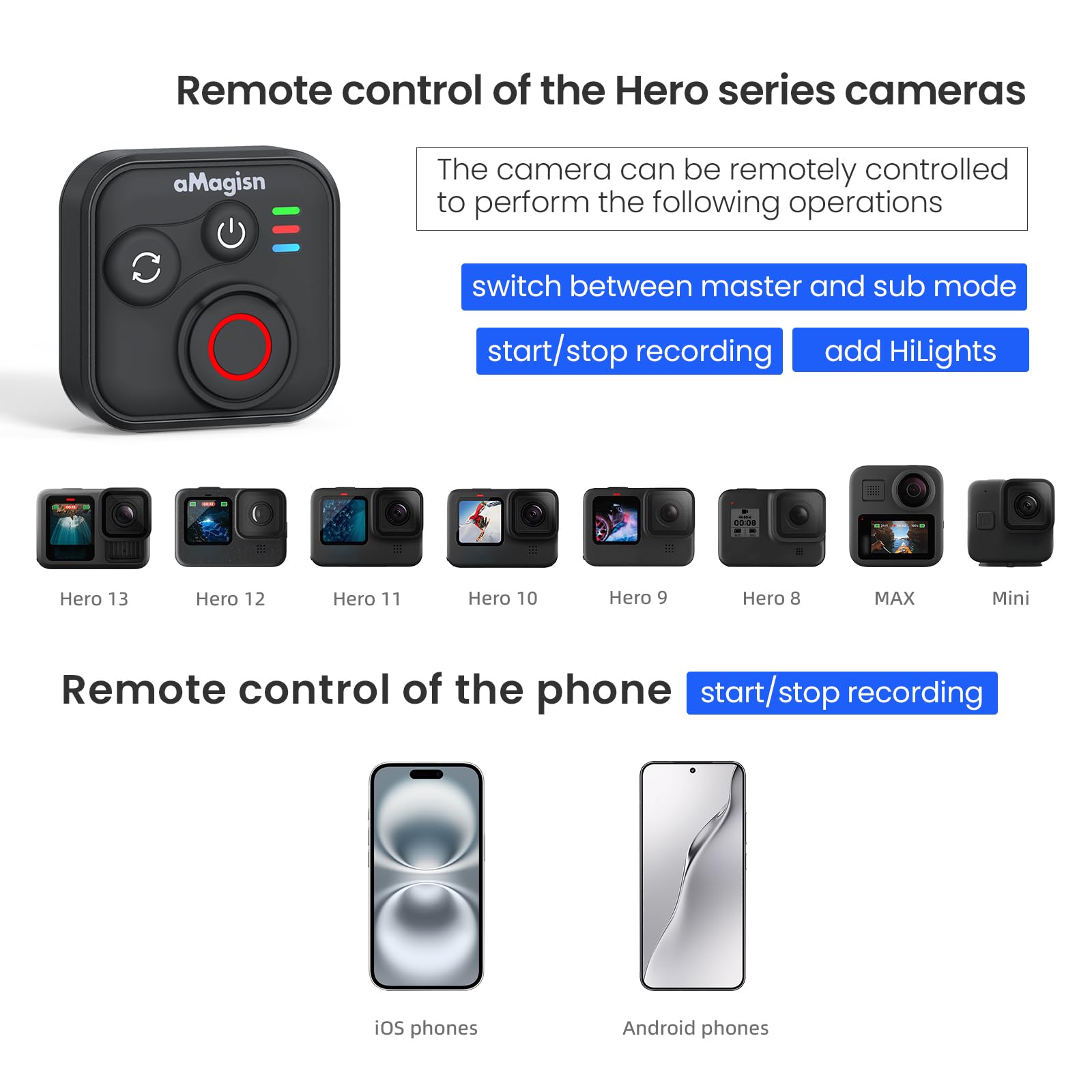 Treeboy Bluetooth Remote Control for Insta360 X5 X4 X3 X2/Ace Pro2/Ace Pro/Ace/GO 3S/GO 3/ONE RS/ONE R,ONE RS 1,for GoPro Hero 13/12/11/10/9/8/Max/Mini Cameras and iOS Android Phones