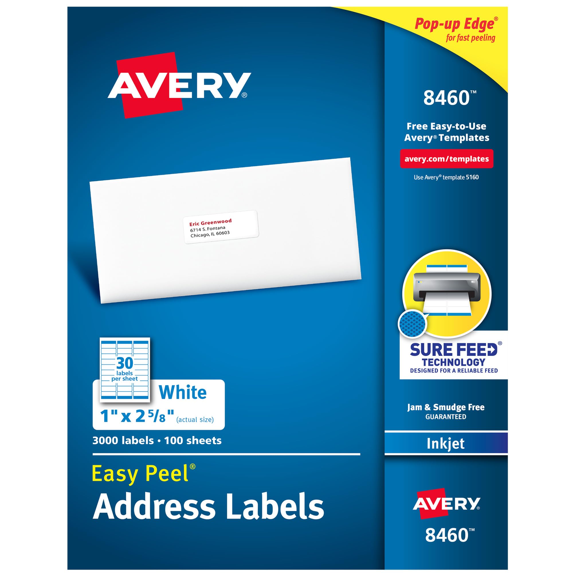 Address Labels with Sure Feed for Inkjet Printers, 2.5 cm x 2-5/8", 3, 000 Labels, Permanent Adhesive (8460), White