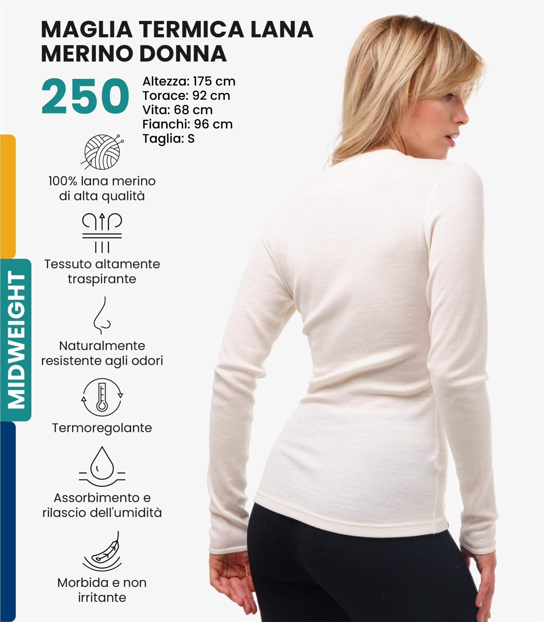 Merino.tech Maglia Termica Donna Lana Merinos - 100% Lana Merino Intimo Donna Leggero, Medio, Pesante con Calzini