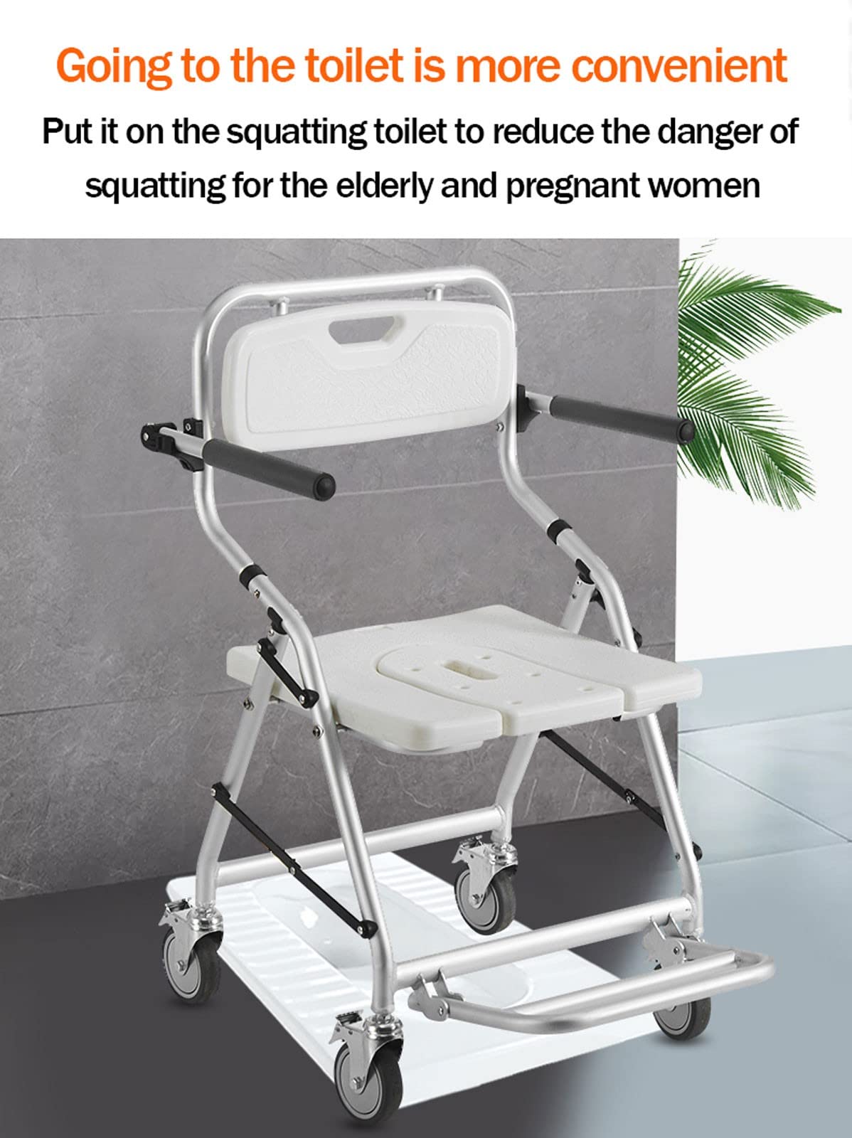 Silla para Ducha Plegable para Personas Mayores con Ruedas, Taburete de Ducha con Reposapiés y Reposabrazos Plegables, Silla de Baño para Mayores y Personas con Movilidad Reducida, Carga Máxima 120