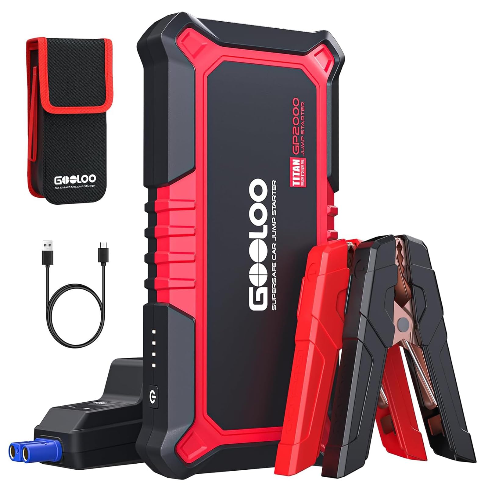GOOLOO GP2000 Starthilfe Powerbank für Pkw, 2000A Supersafe Auto Starthilfe Powerbank für 12V (Bis zu 8.0L Benzin & 6.0L Diesel), Booster Autobatterie mit USB-Schnellladung, Starthilfekabel und LED