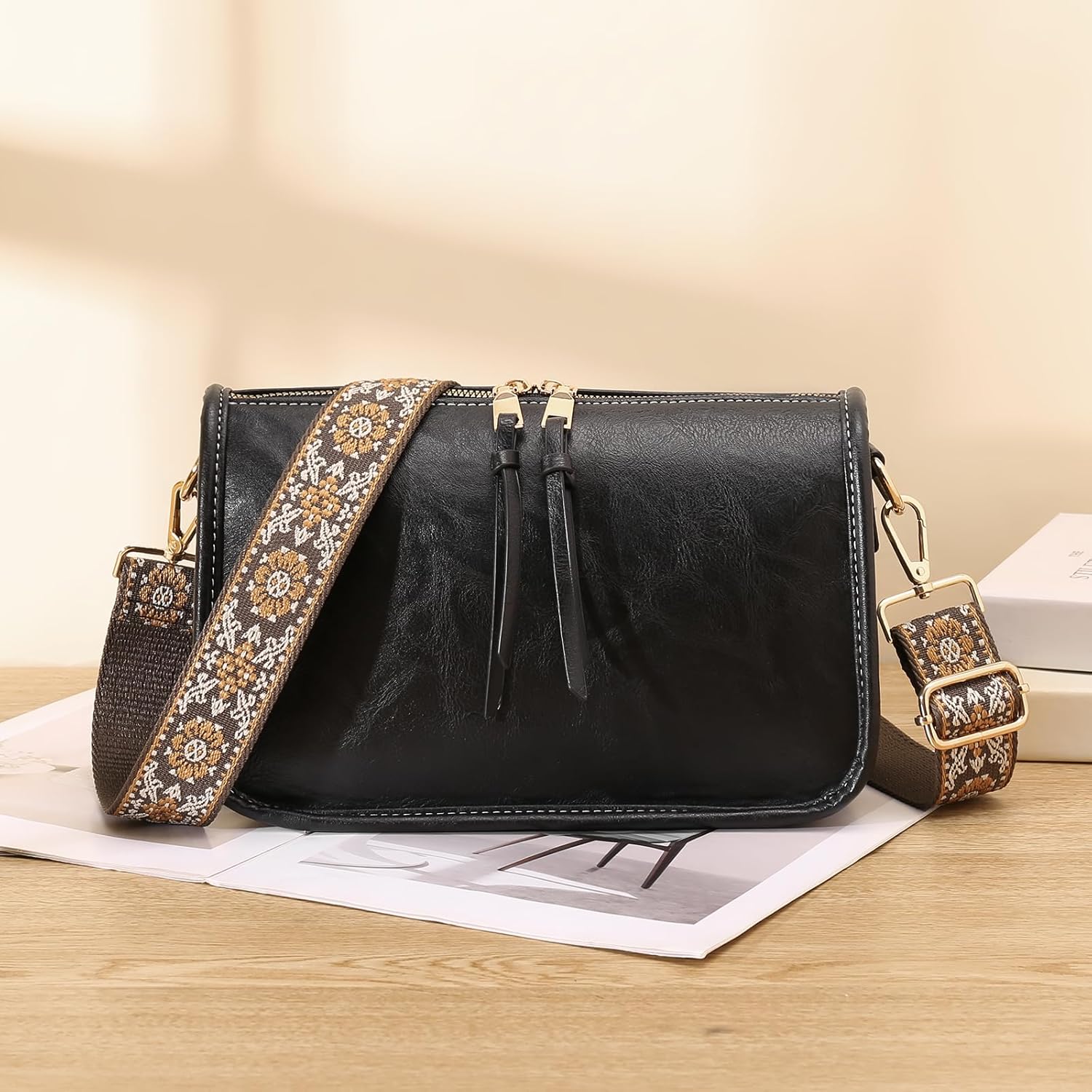 SENDEFN Crossbody Bag for Women PU Leather Bohemian Vintage Stylish Purses Shoulder Handbags with Adjustable Guitar Strap - Image 2