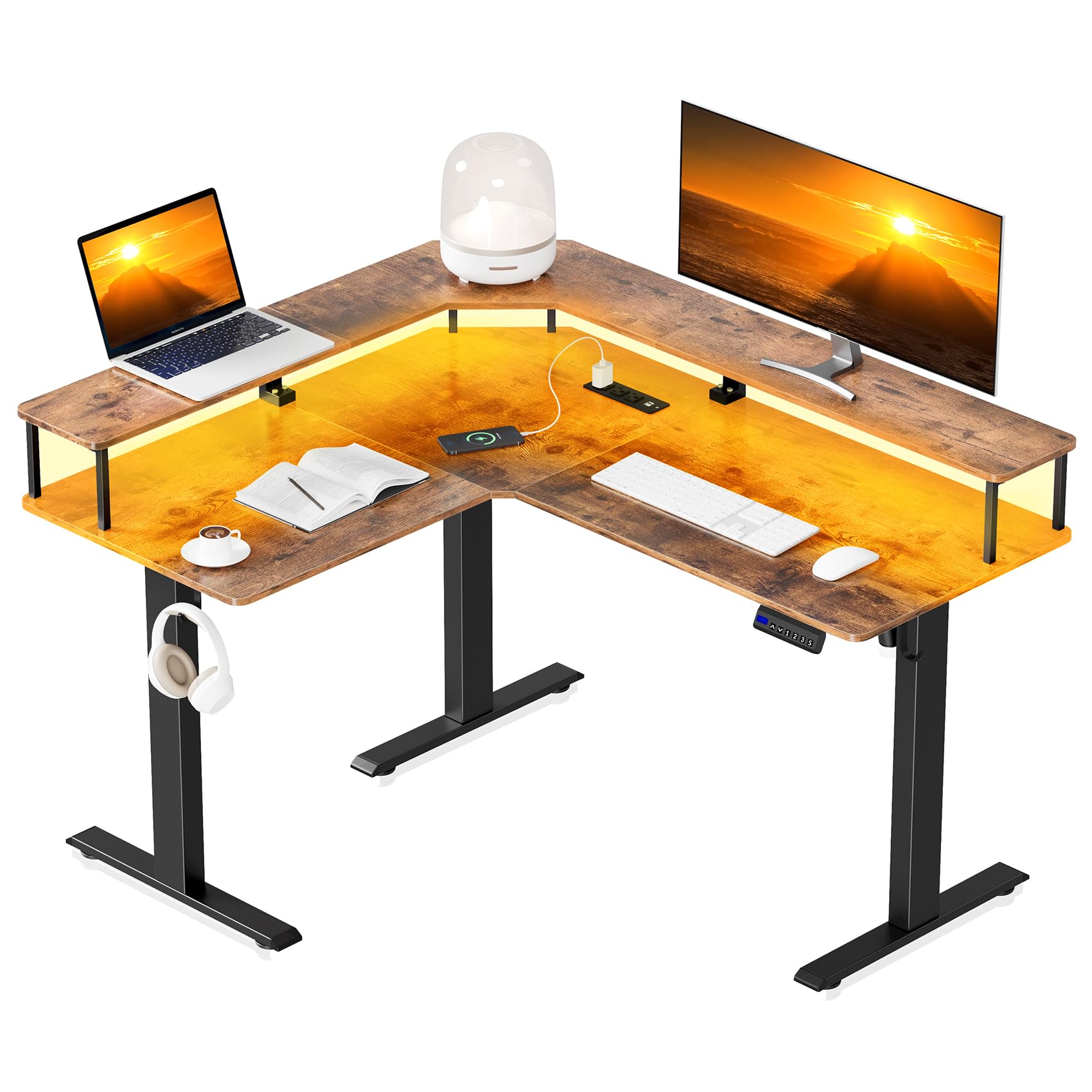 Mr IRONSTONE L Shaped Standing Desk, 55" Electric Height Adjustable Desk with 3 AC Outlets & 2 USB Ports, Stand Up Desk with LED Light Strip and Large Monitor Stand, Rustic Brown