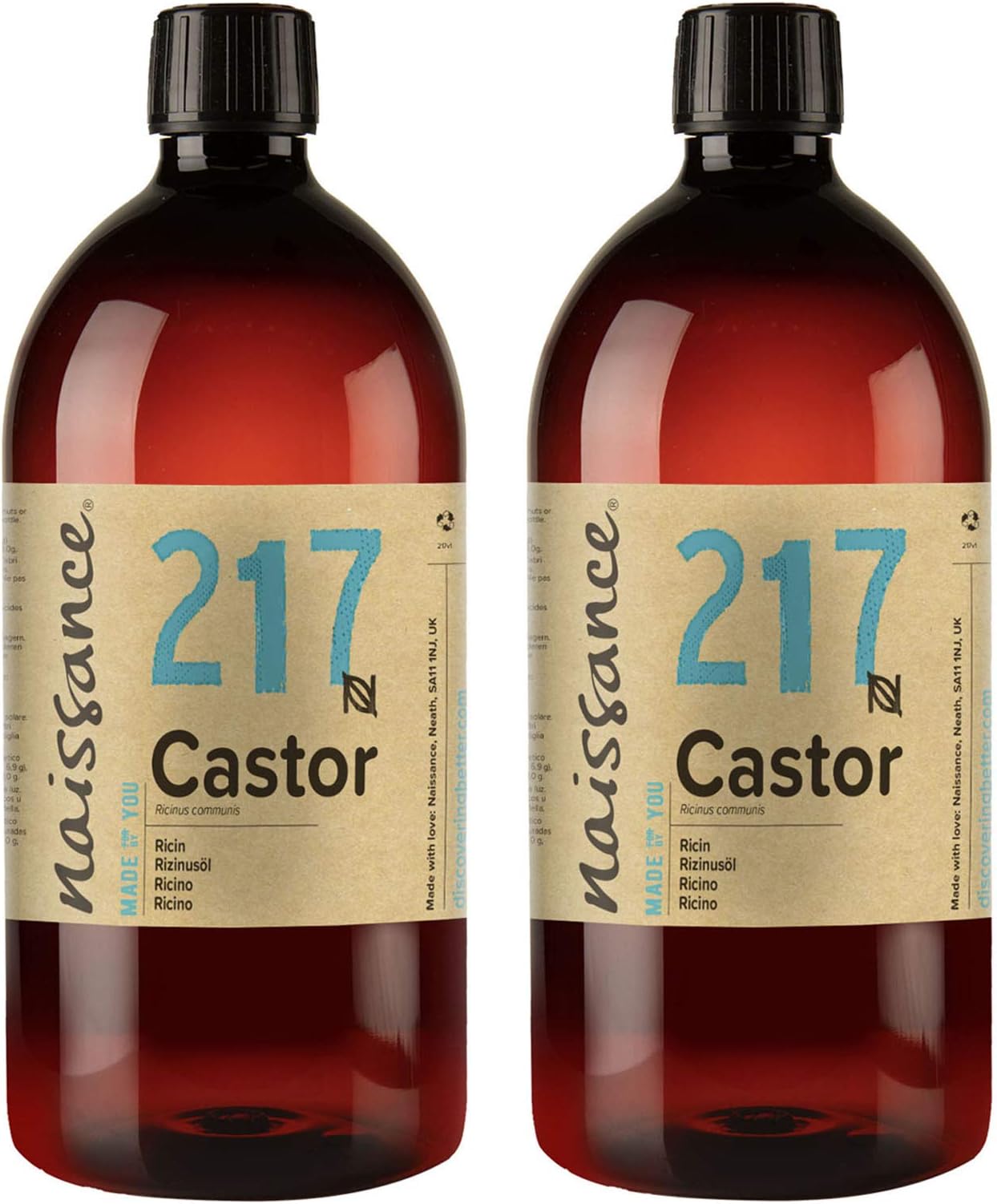 Naissance Cold Pressed Castor Oil (no. 217) 2 Litres (2 x 1l) - 100% Pure For Eyelashes, Hair, Eyebrows, Beard Growth - Moisturiser For Nails and Skin – Oil for Massage - Vegan, Hexane Free, No GMO