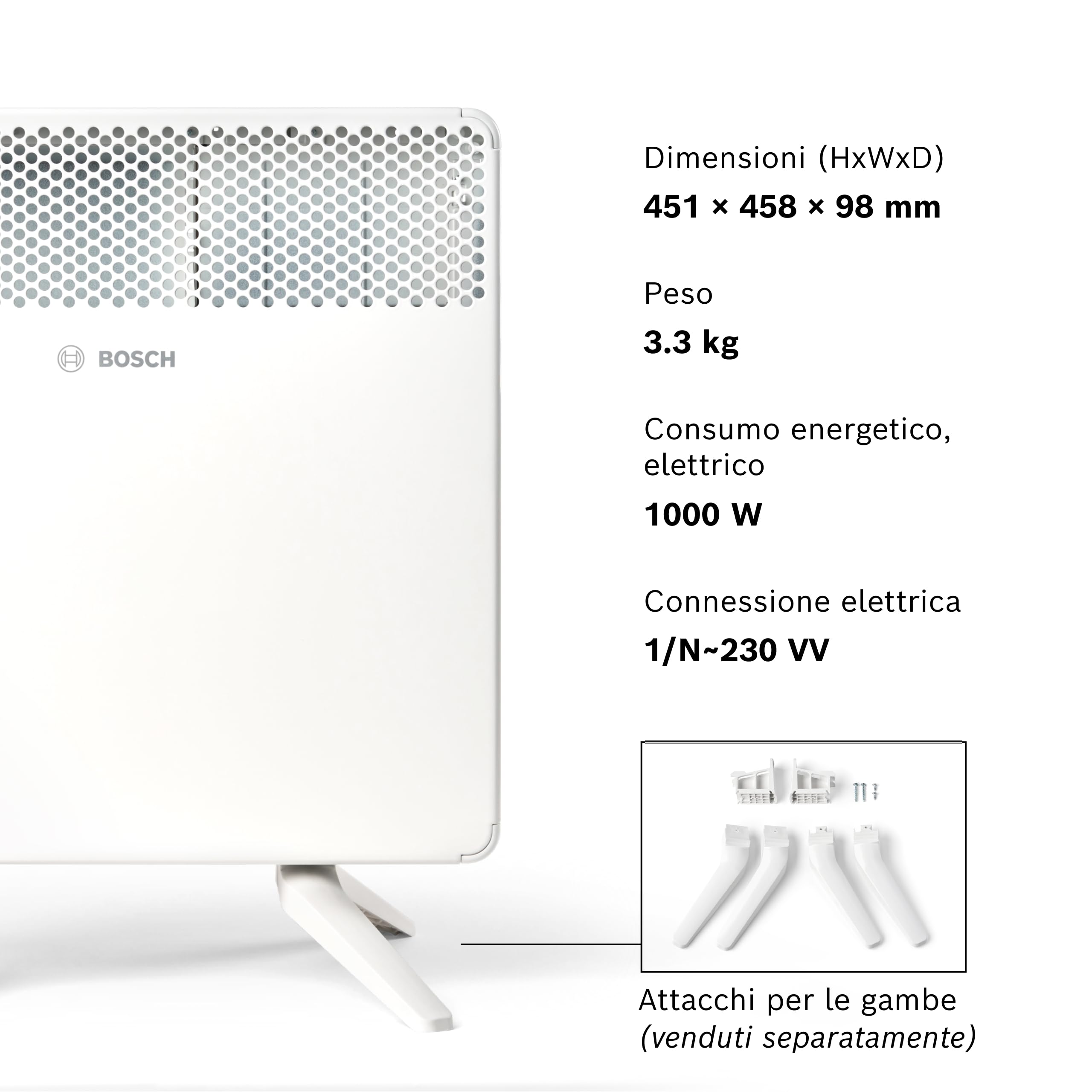 Bosch Heat Convector 4000-10 Convettore elettrico, 1000 W | Per Ambienti fino a 10 m², Riscaldamento Elettrico con Display LED, Programma Settimanale, Protezione Spruzzi d'Acqua