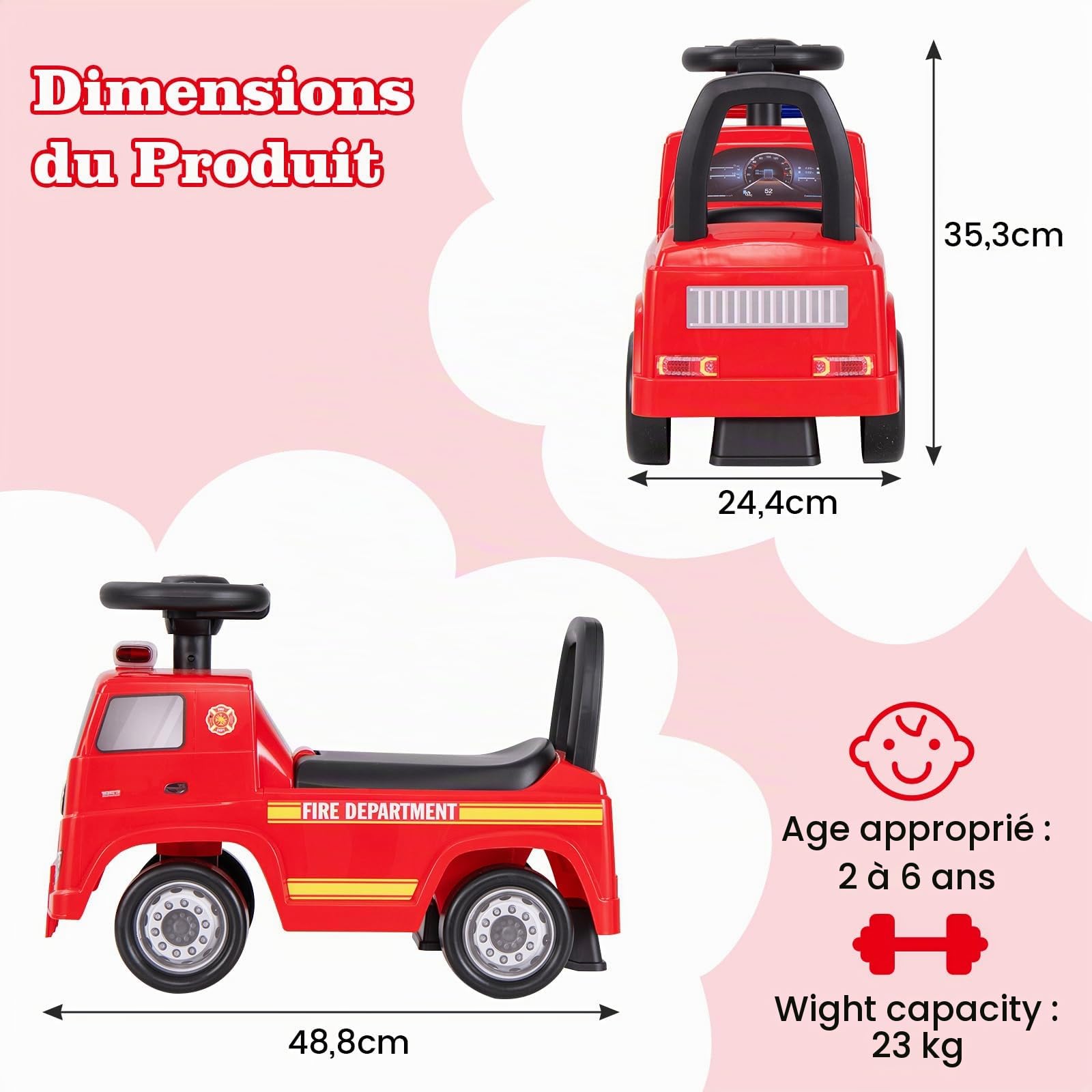 GOPLUS Camion de Pompier Pousse-Pousse Enfants, Porteur Bebe Mercedes-Benz,Trotteur Marcheur avec Dossier, Klaxon et Musique, Charge 23KG, pour 2-6 Ans,48,8 x 24,4 x 35,3 CM
