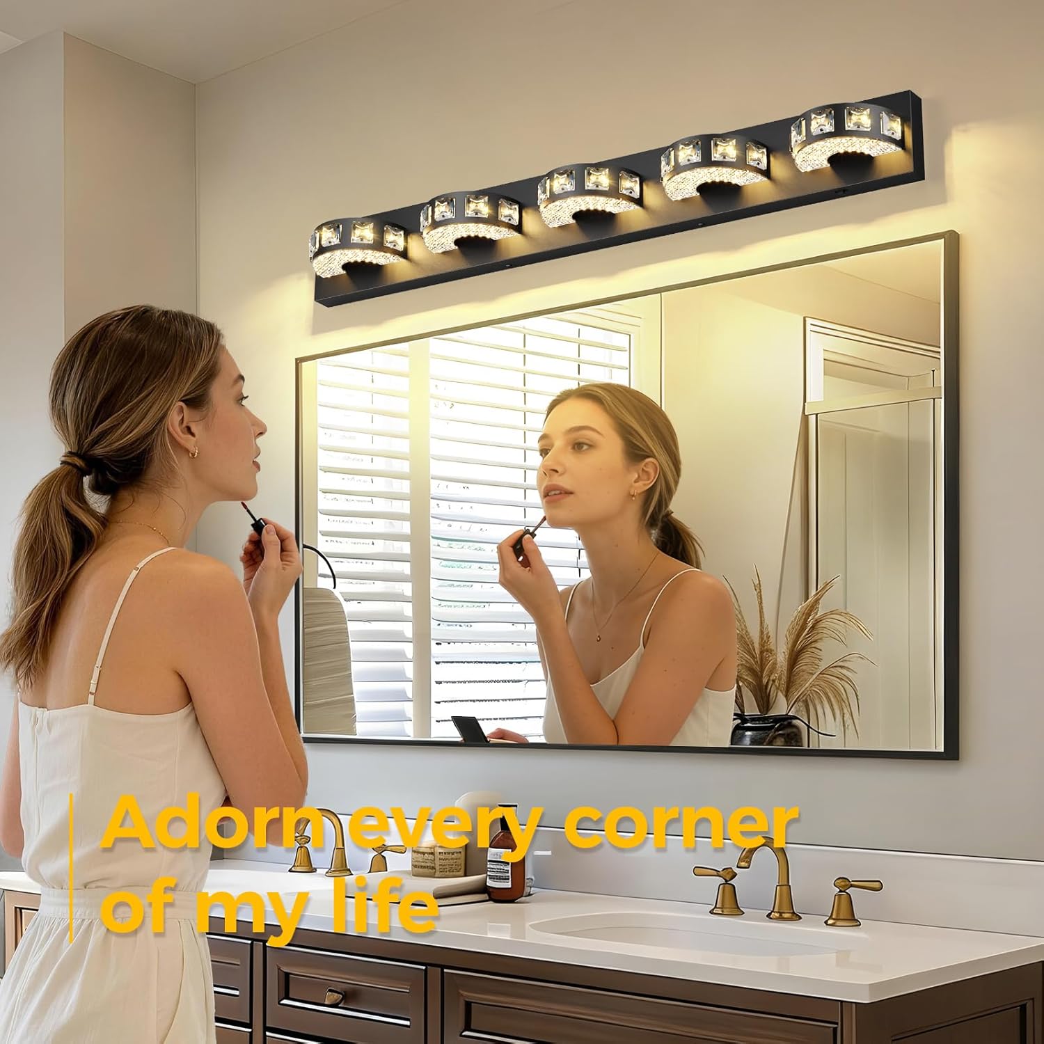 Modern Bathroom Vanity Lights 36.6 inch 5 Color Temperature Black Light Fixtures for Bathroom Above Mirror(5-Light,Dimmable)crystal Bathroom Light Fixtures for Mirror,Living Room,Kitchen,Hallway