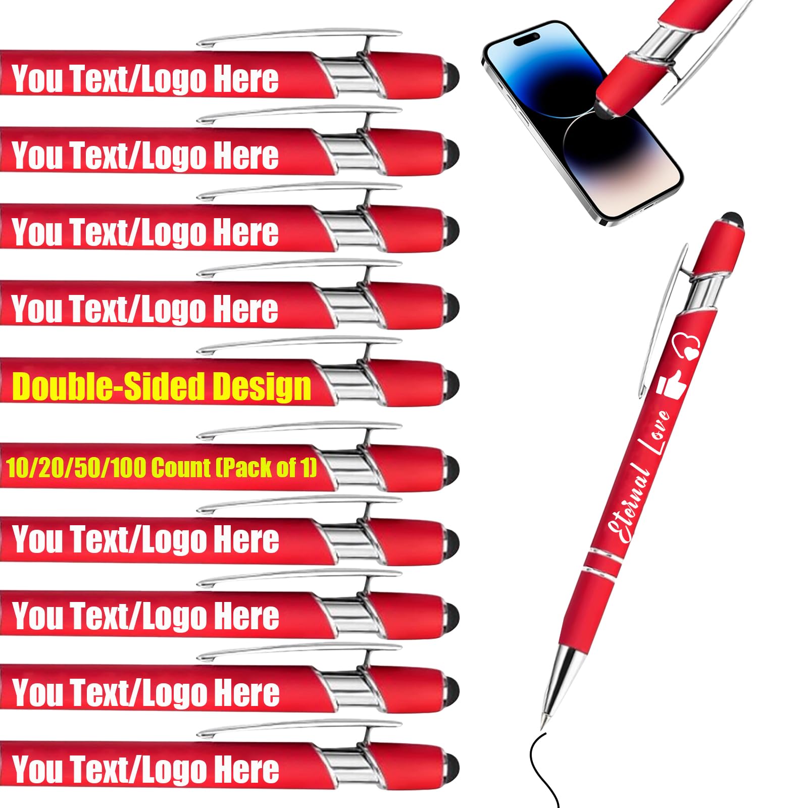 Personalised Gel Ink Rollerball Pens Bulk, Retractable Ballpoint Pens, Customised Laser Engraved Stylus with Name,Text,Logo Metal Ballpoint Pen Gift for Office Business School Red 20 PC — image 1