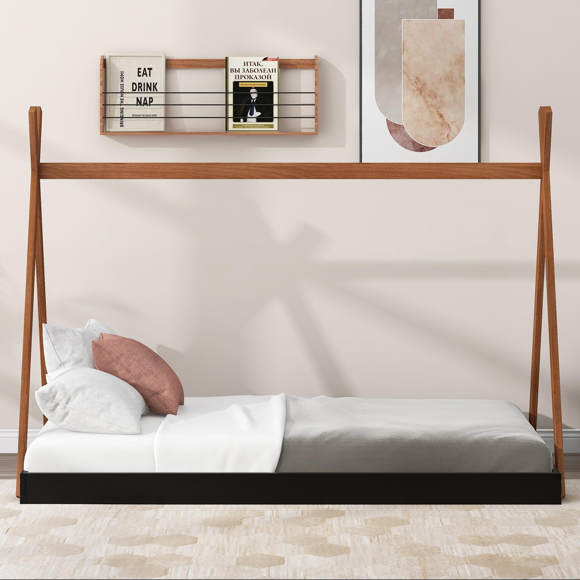 HiHomely Twin Size Tent Floor Bed with Sturdy Triangle Structure Black Brown Kids Teens Bedroom, Minimalist Design, Easy Assembly (Black + Brown)