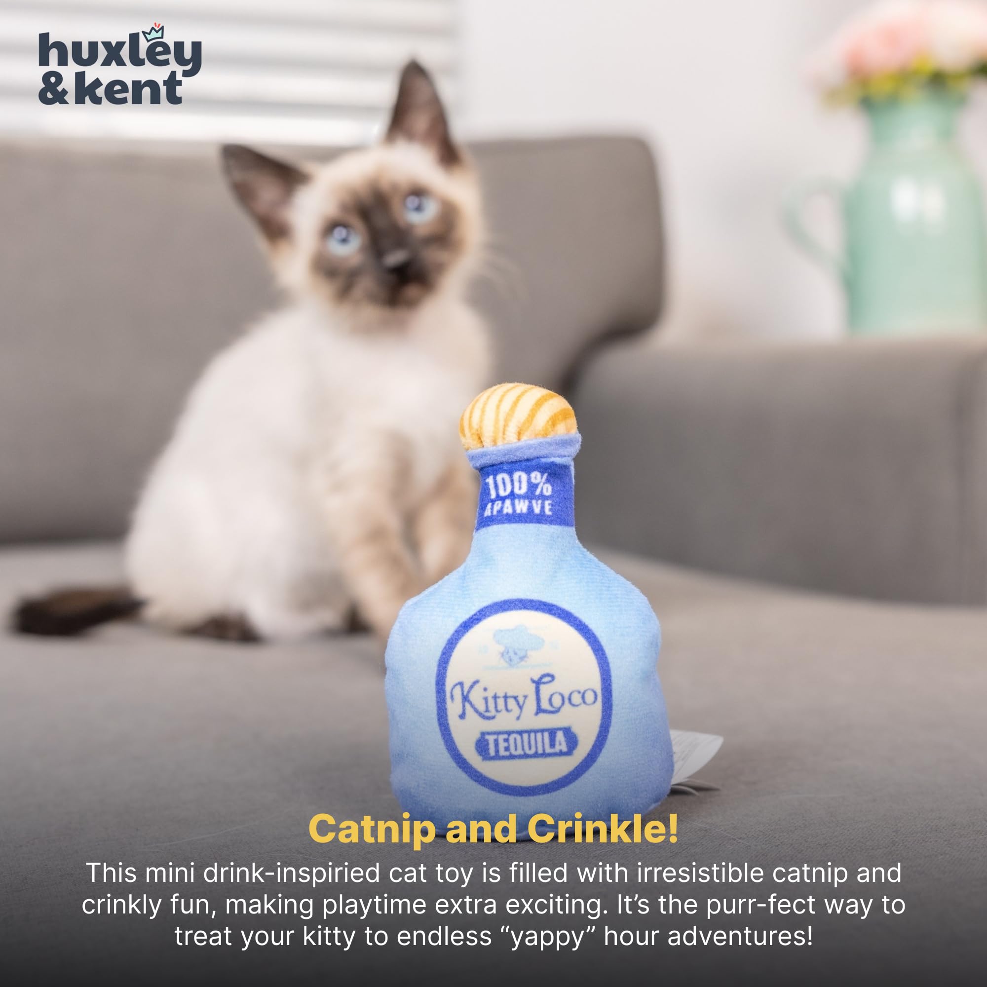 Huxley & Kent Juguete para gatos | Kitty Loco Tequila | Nappy Hour Strong Catnip Filled Cat Toy | Juguete de peluche suave con hierba gatera y arruga | Kittybelles