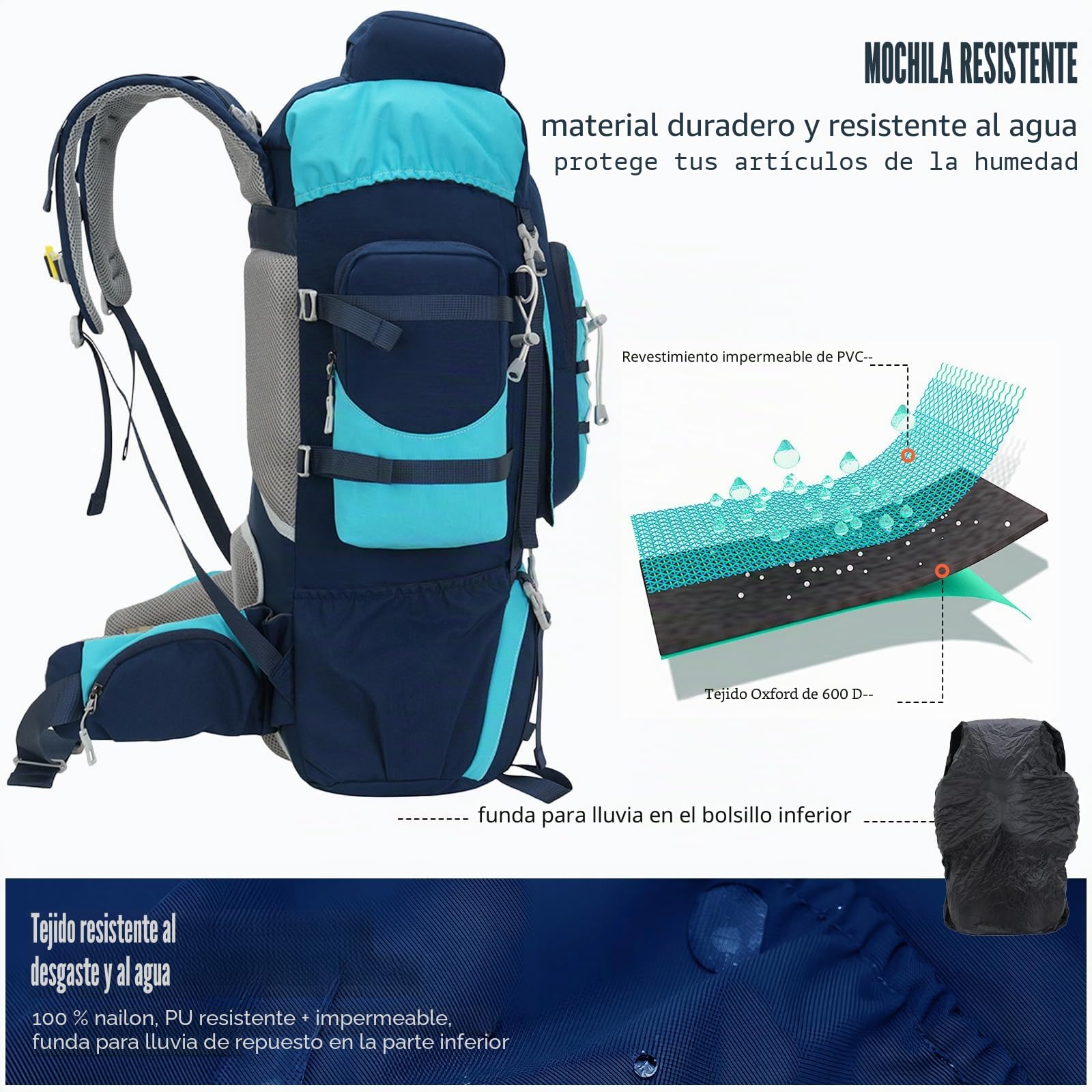 Bseash Mochila impermeable de 70 L (65+5) para senderismo, camping, con cubierta para lluvia, deportes al aire libre, viajes, para escalada y turismo