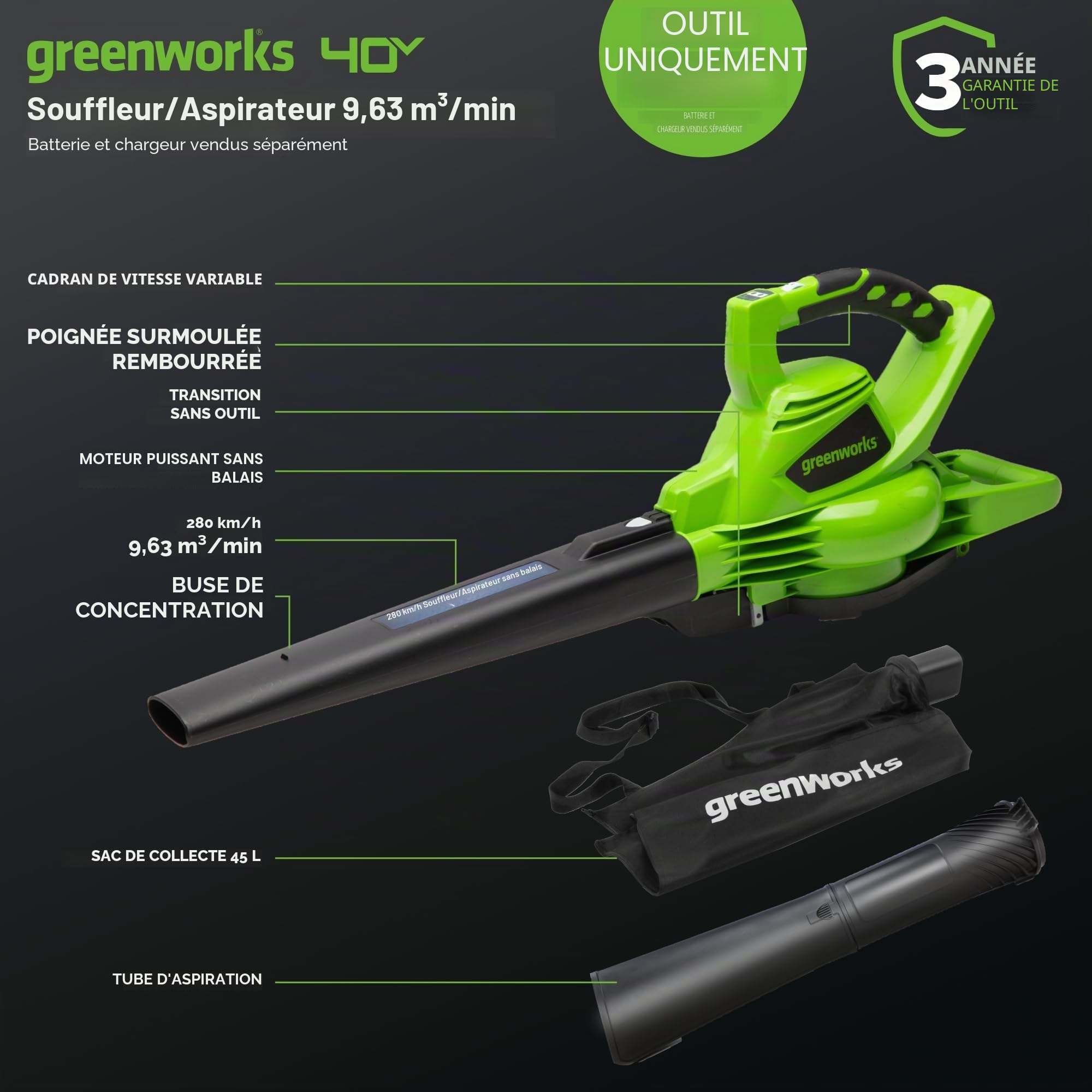 Greenworks GD40BV 40V Aspirateur Souffleur Sans Fil Sans Balais 280 km/h 9,63 m³/min Sac Mulching 45L