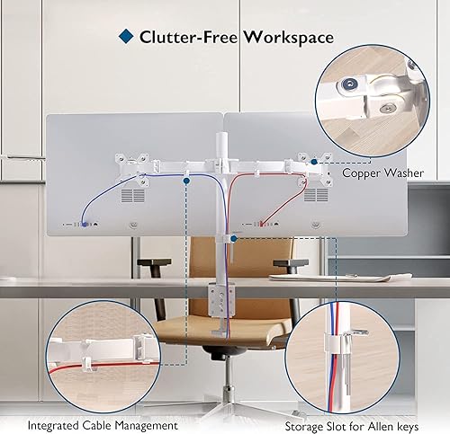 Miniatura 9 de BONTEC Soporte de escritorio para monitor doble, soporte de monitor blanco ajustable de movimiento completo para pantallas de 13 a 27 pulgadas,