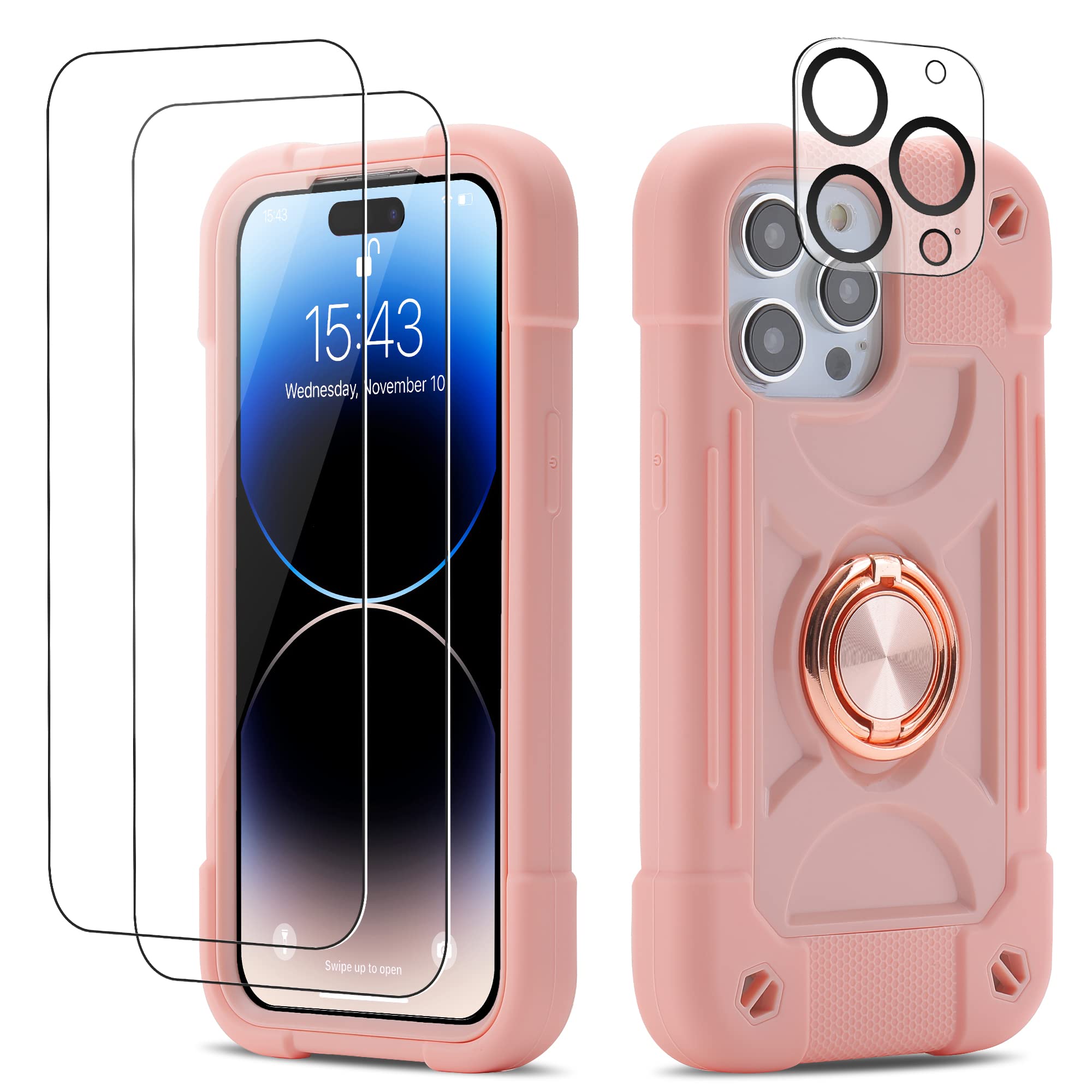 Cookiver for iPhone 14 Pro Case 6.1 Inch with Ring Stand, with 2 Pack Glass Screen Protector + 1 Pack Camera Lens Protector,Heavy-Duty Shockproof Military Grade Rugged Cover (Pink)