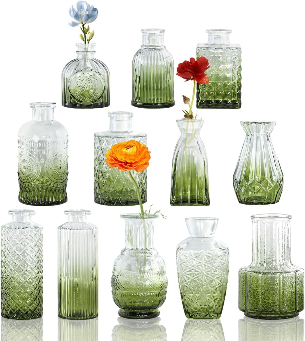 Glass Bud Vases Set of 12, Small Vases for Flowers, Amber Bud Vases in Bulk for Centerpieces Decor, Mini Vintage Vase for Rustic Home Wedding Table Decorations