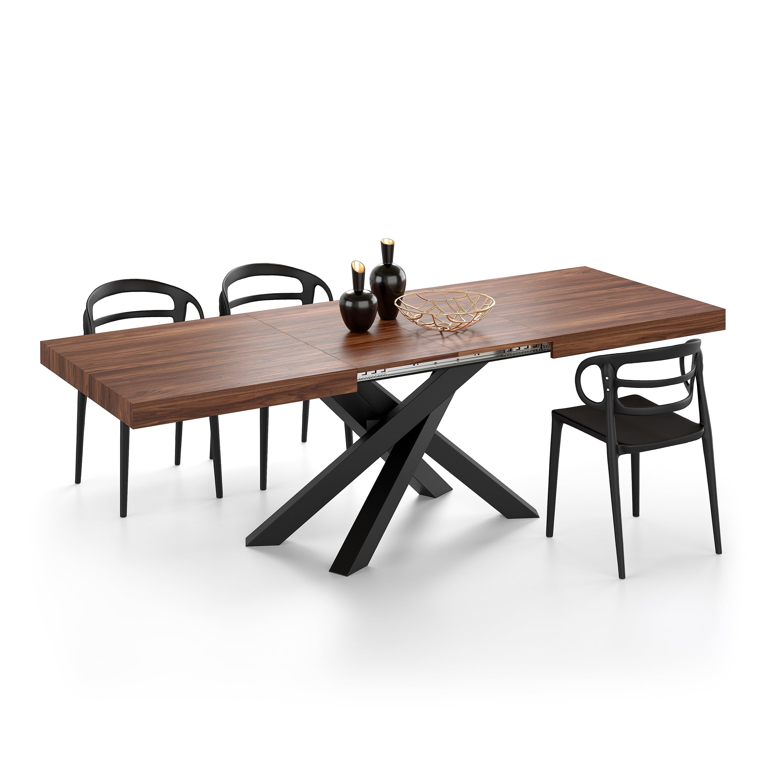 Mobili Fiver, Tavolo Allungabile Emma 160(240) x90 cm, Noce Canaletto con Gambe Incrociate Nere, per 6-10 persone, Tavolo Cucina, Soggiorno, Made in Italy