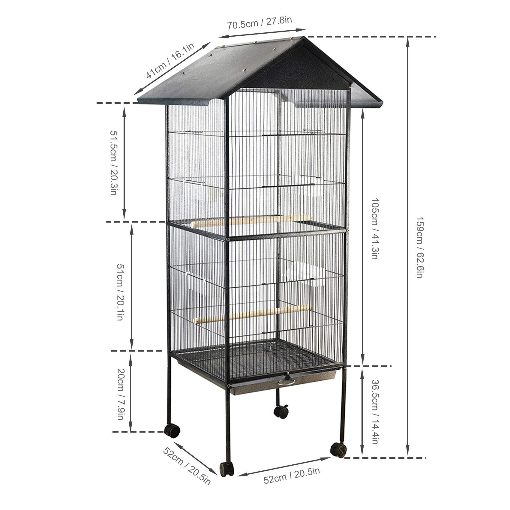 Kavolet Jaula para pájaros de metal, gran capacidad de alimentación multifunción, fácil de limpiar, para pájaros, loros, cacatúas, 52 x 52 x 159 cm