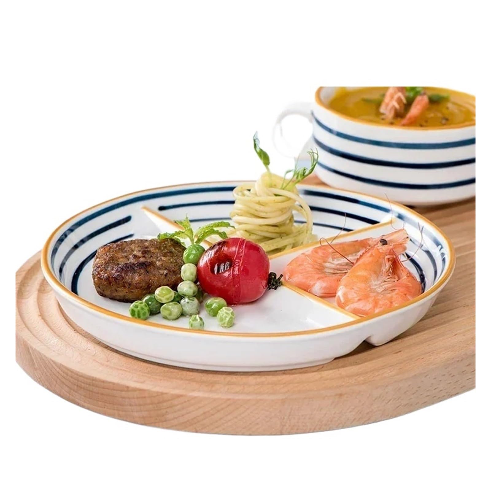 Assiette Porcelaine Assiette à dîner en céramique, assiette à trois compartiments, assiette de petit-déjeuner familiale for 1 personne, assiette à séparation quantitative réduisant les graisses(8 inch
