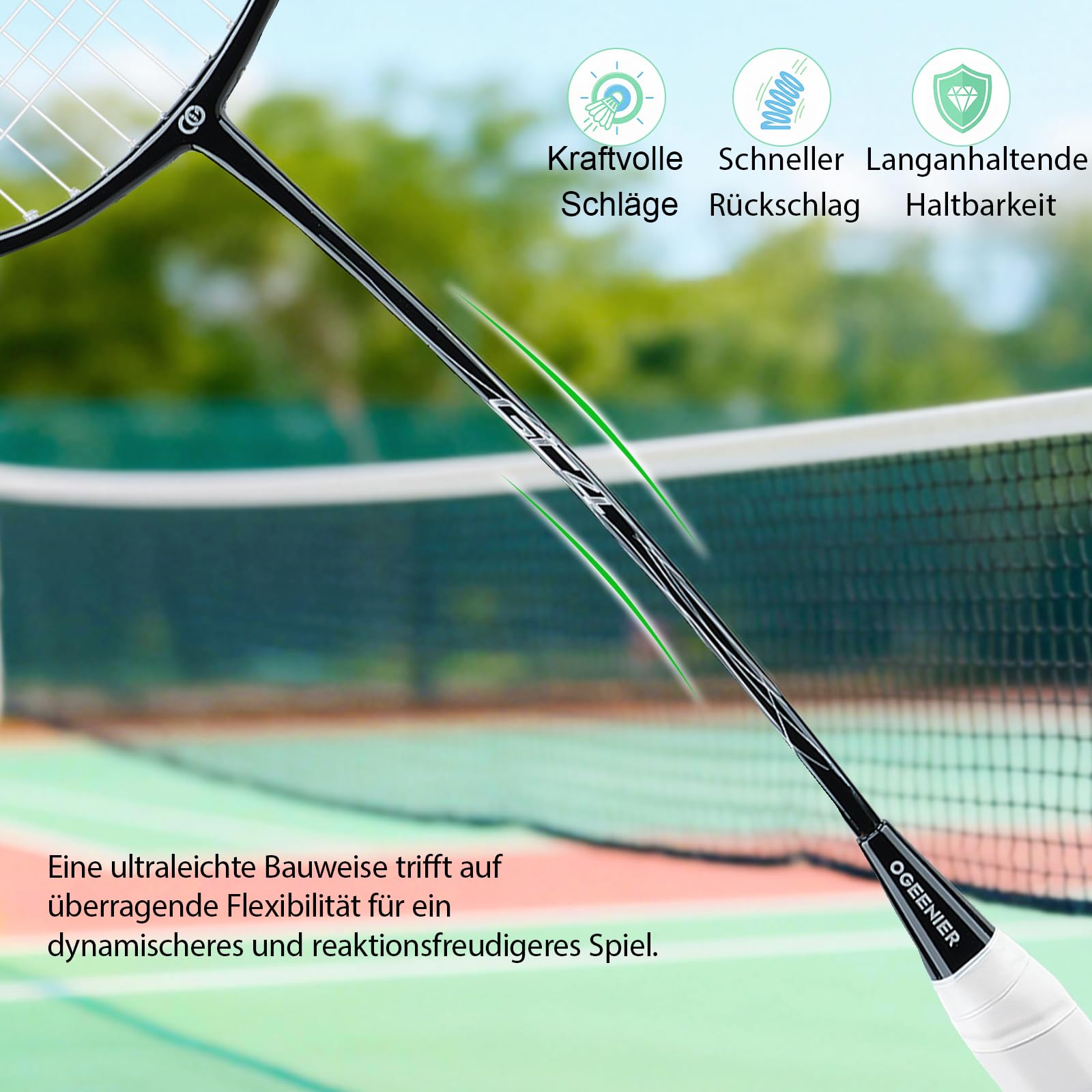OGEENIER 3U Badminton Set Federball Set Badmintonschläger Profi mit Tasche | Federball Set: 2 Badmintonschläger, 2 Federbälle, 2 Griffbänder + Tasche. Ideal für Freizeit & Turnier.