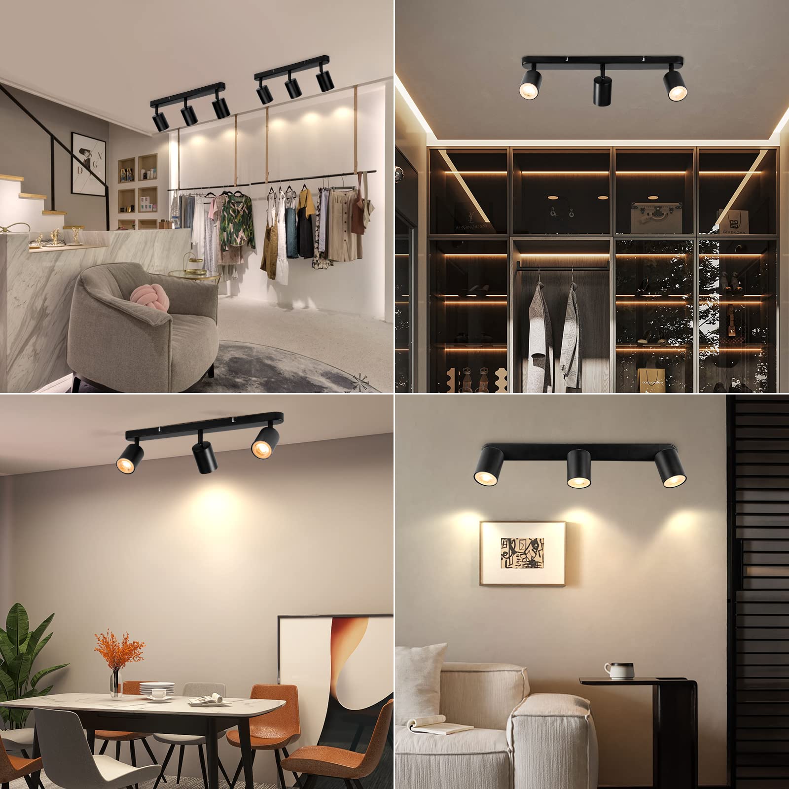 wowatt Faretti da Soffitto Orientabili 3 Luci Gu10 LED Nero Senza Lampadina | Faretti LED Soffitto Interno, Plafoniera da Parete Orientabili, Luci Binario per Soggiorno, Cucina, Corridoio, Salotto, Bagno