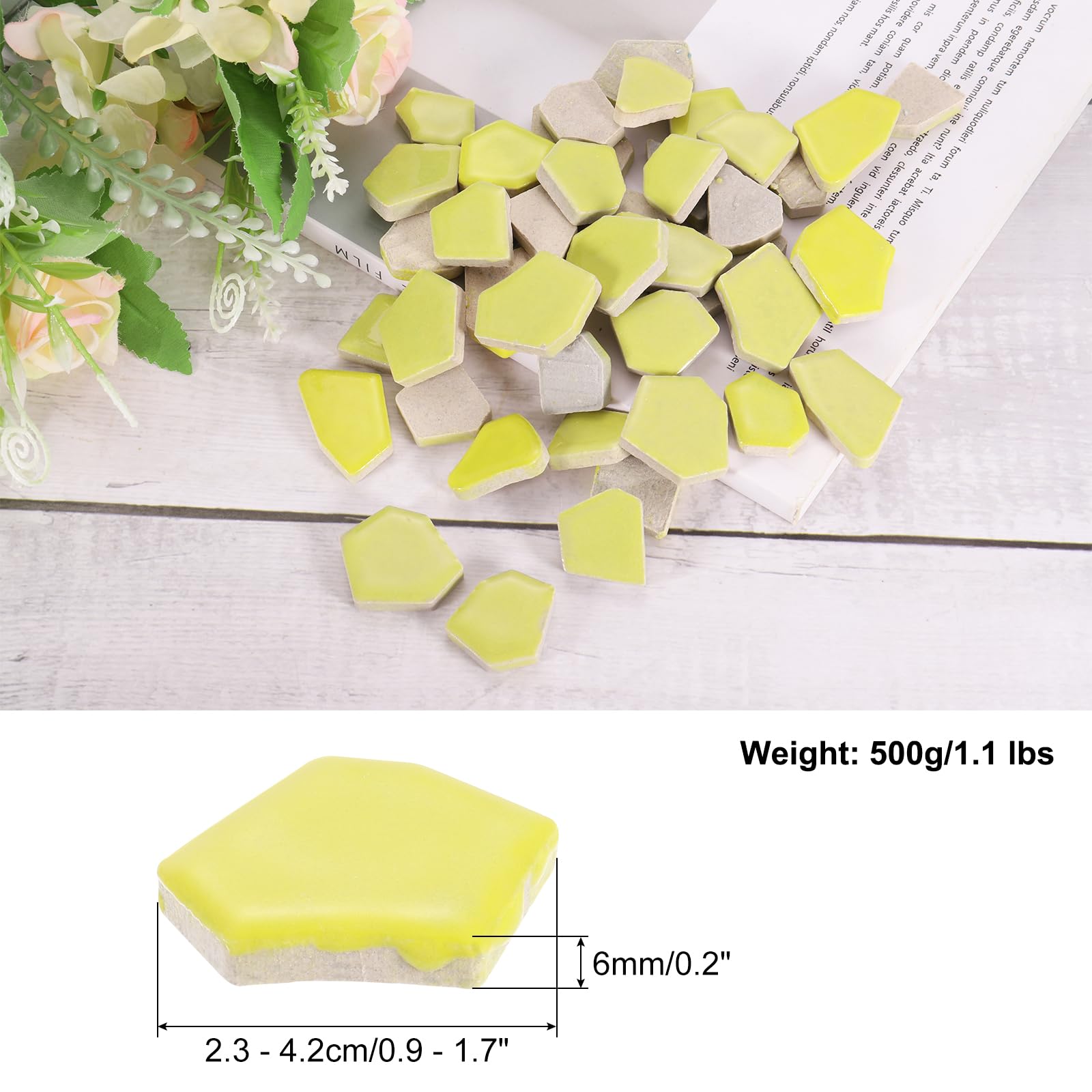 QUARKZMAN 500G/1.1Lb Nieregularne ceramiczne płytki mozaikowe, 2,3-4,2 cm luzem barwione ceramiczne mozaiki do projektów artystycznych i rzemieślniczych DIY, żółty