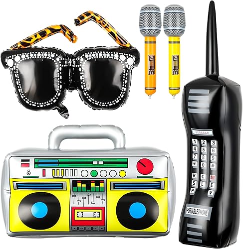 Leitee 5 piezas de decoraciones de fiesta de los años 80 y 90, radio, Boombox, micrófonos para teléfono móvil, gafas, PVC, 80, 90, accesorios para
