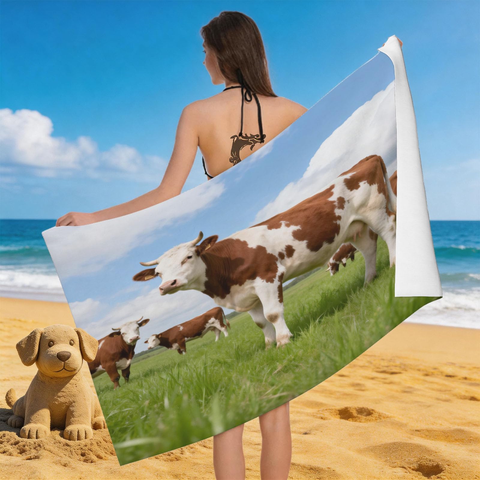 Leichong Men's Brown 3D Pasture Cow Beach Towel Microfiber Soft Quick Dry For Adults, Green Grass Bath Towel Lightweight Soft Absorbent For Travel Swimming Pool Sports, 75 X 150 Cm