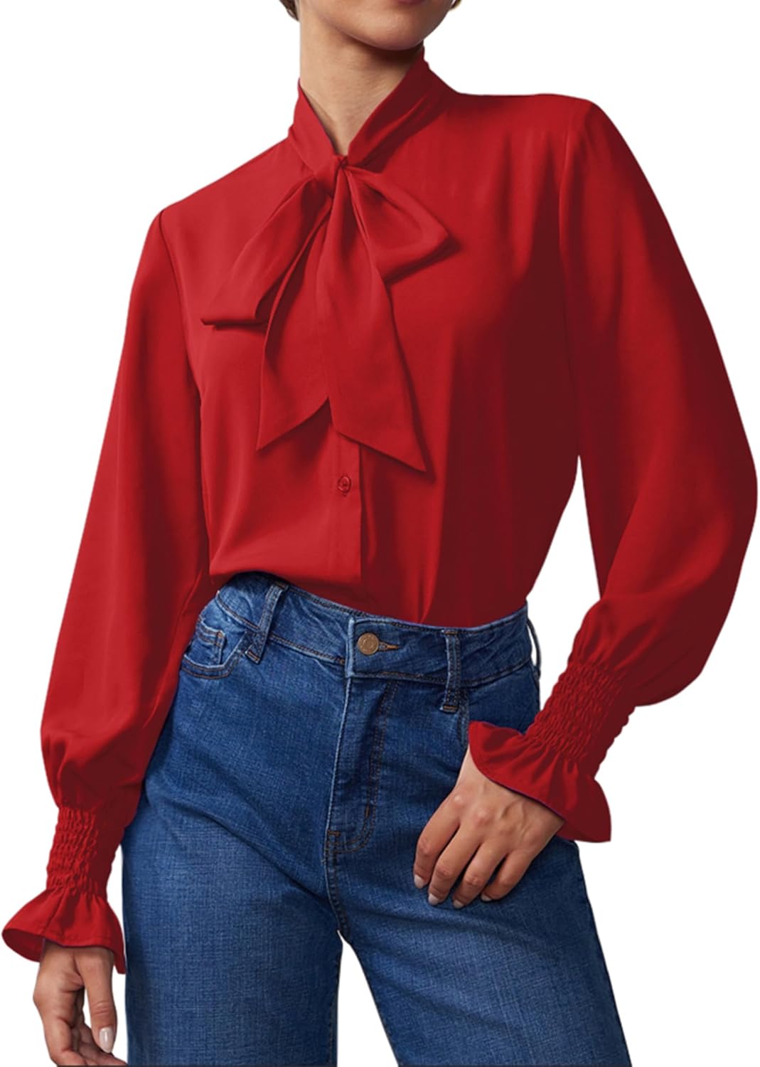 Neweek Chiffon Blouses for Women Bow Tie Neck Long Sleeve Dressy Casual Smocked Cuffed Shirts Office Work Blouse Elegant Tops