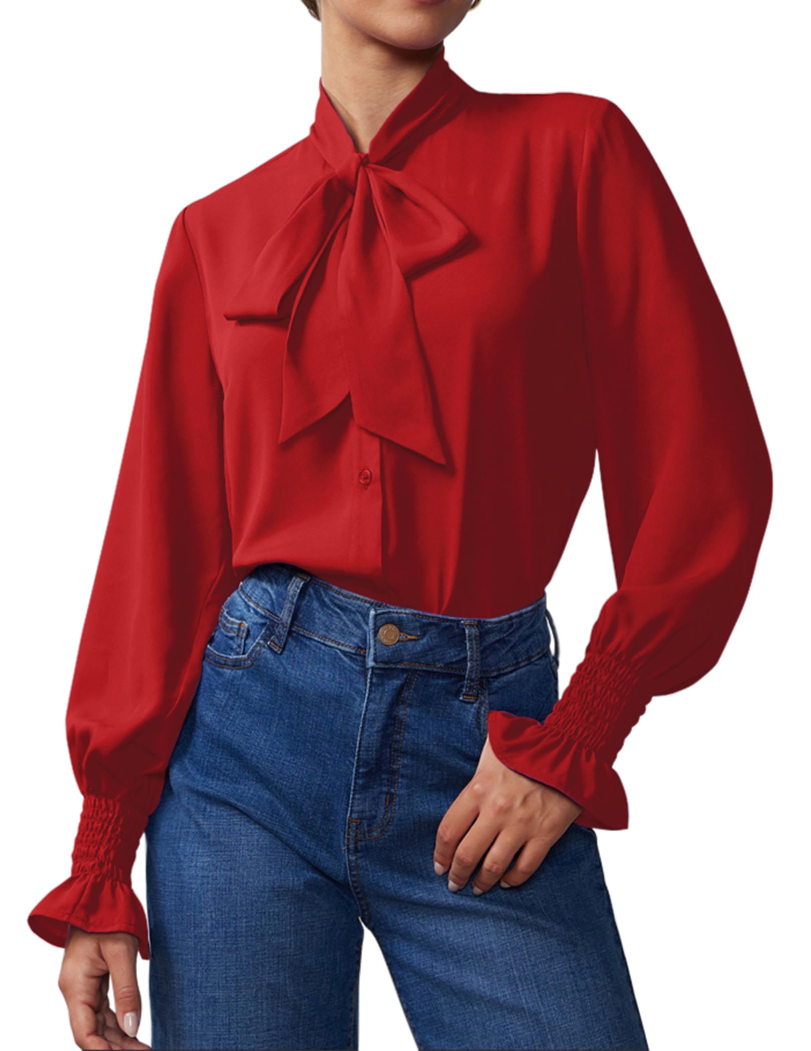 Camicia da donna con bottoni, scollo a V, maniche lunghe, elegante, con fiocco, per lavoro, casual, 2026