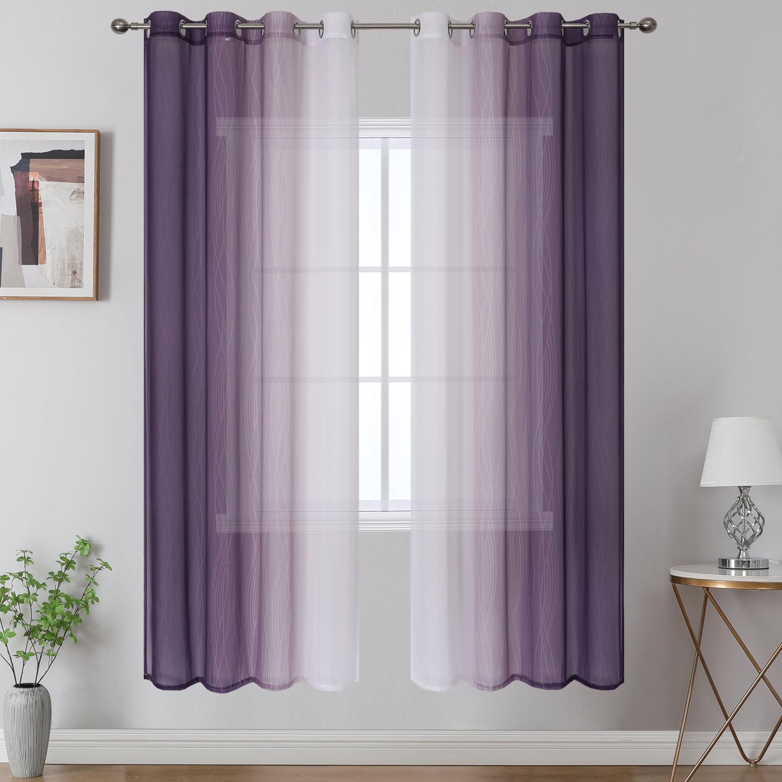 VEHEDE Ombre Voile Curtains for Living Room, Gradient Eyelet Top, Light Filtering Sheers Window Drapes for Bedroom, Purple and Greyish White, W52 x L72 Inch 2 Panels
