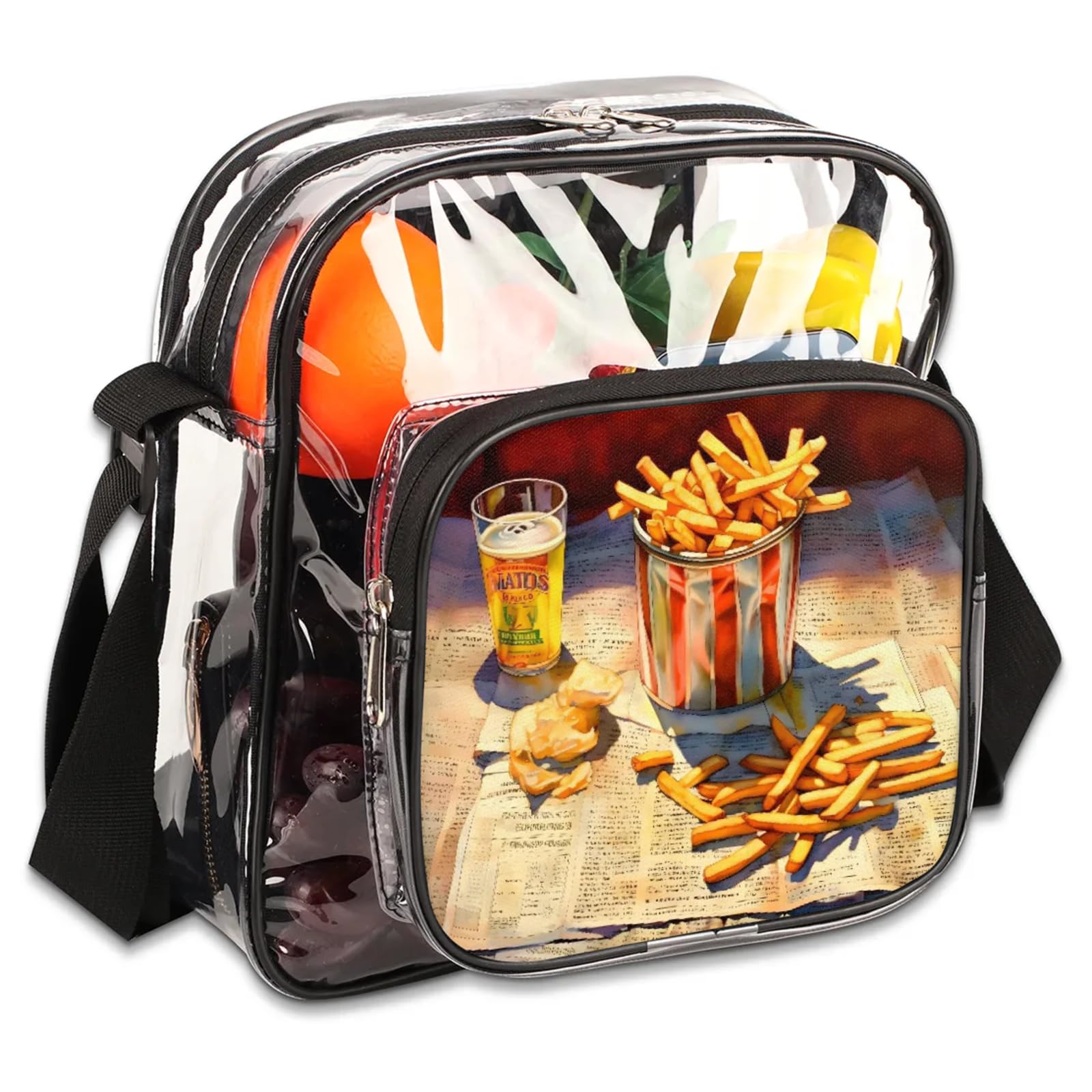 Clear Crossbody Bag Stadium Approved Fries Food Transparent Bag for Festivals, Sports Events, Concerts,Beach Bag for Women Men Clear Purse with Front Pocket Messenger Bag with Adjustable Strap