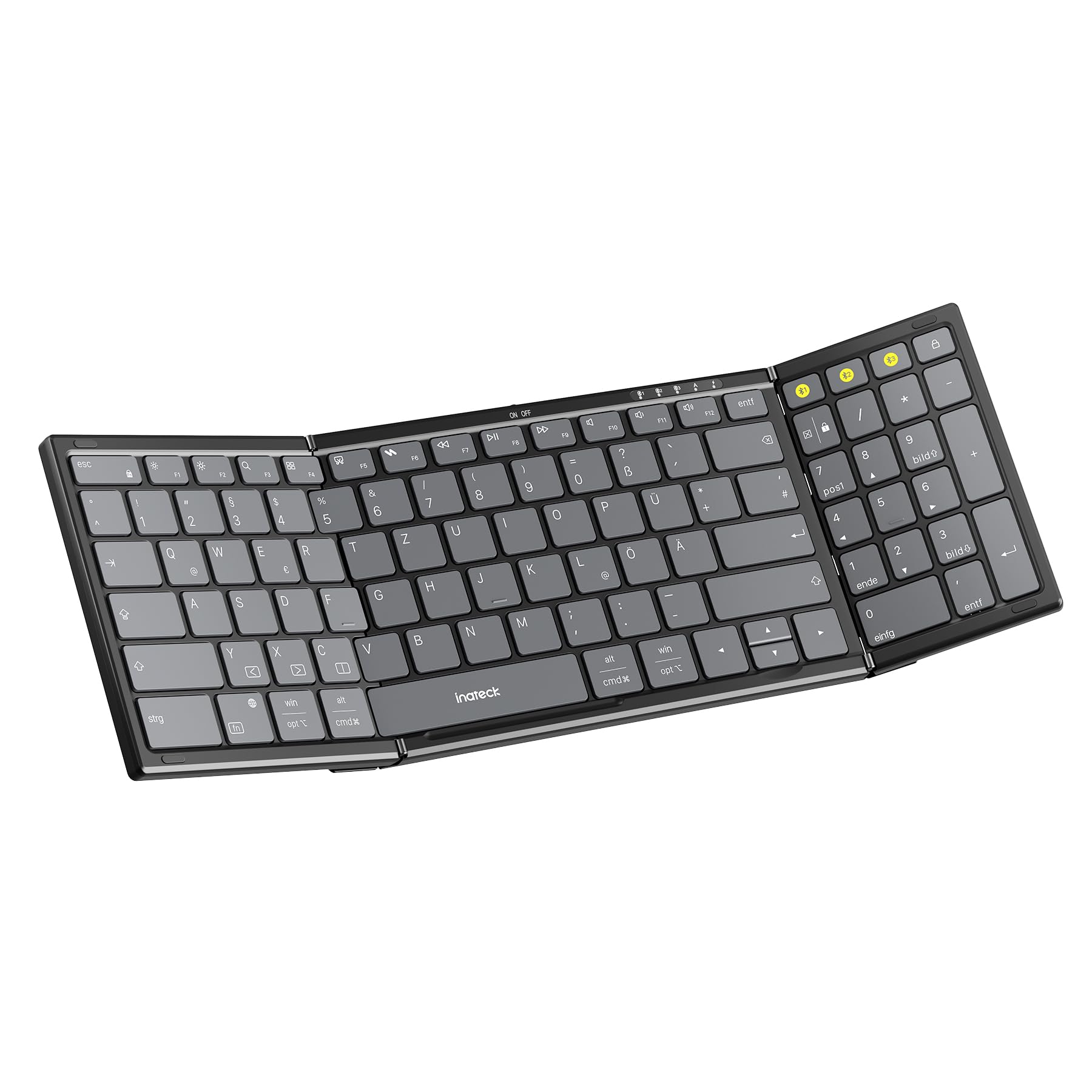 Inateck Faltbare Tastatur Kabellos,Klappbare Tastatur mit Ziffernblock mit 3 Kanälen,AI-Key,mit Ständer und Tasche,für iPad iPhone Mac Android Windows,Nomad N0135