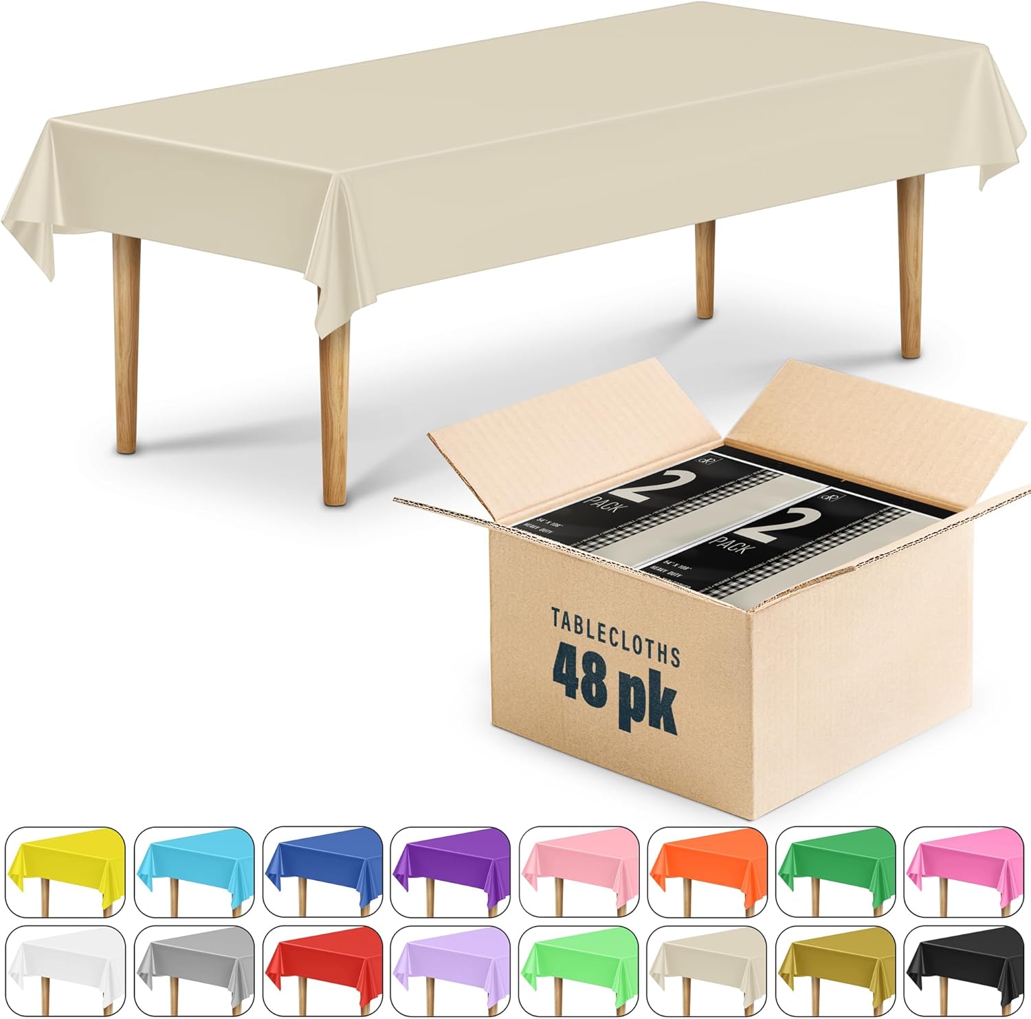 DecorRack 48 Pack Rectangular Tablecloths BPA-Free Plastic, 54 x 108 inch, Dining Table Cover Cloth for Parties, Picnic, Camping and Outdoor, Disposable or Reusable in Ivory (48 Pack)